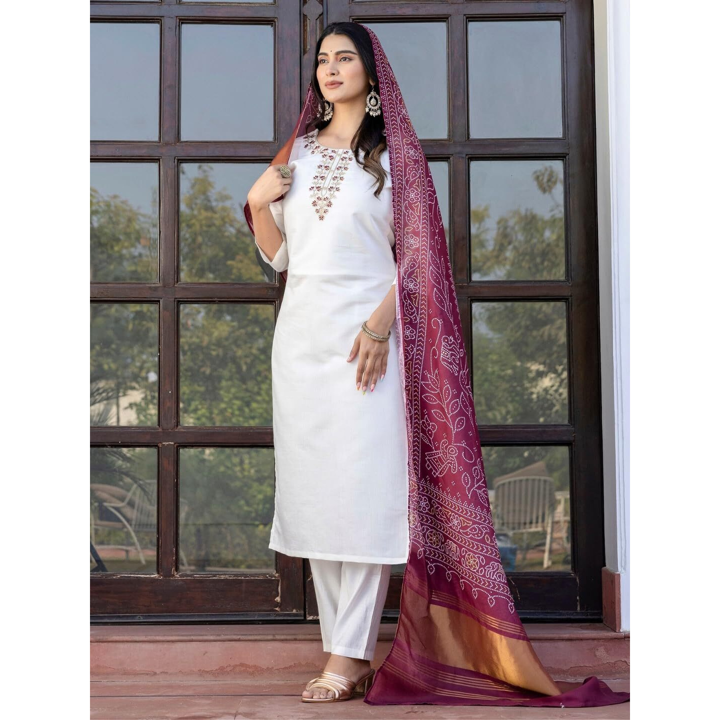 Navlik Women's Roman Silk Embroidered Straight Kurta with Pant and Dupatta Sets (M-Manvi)