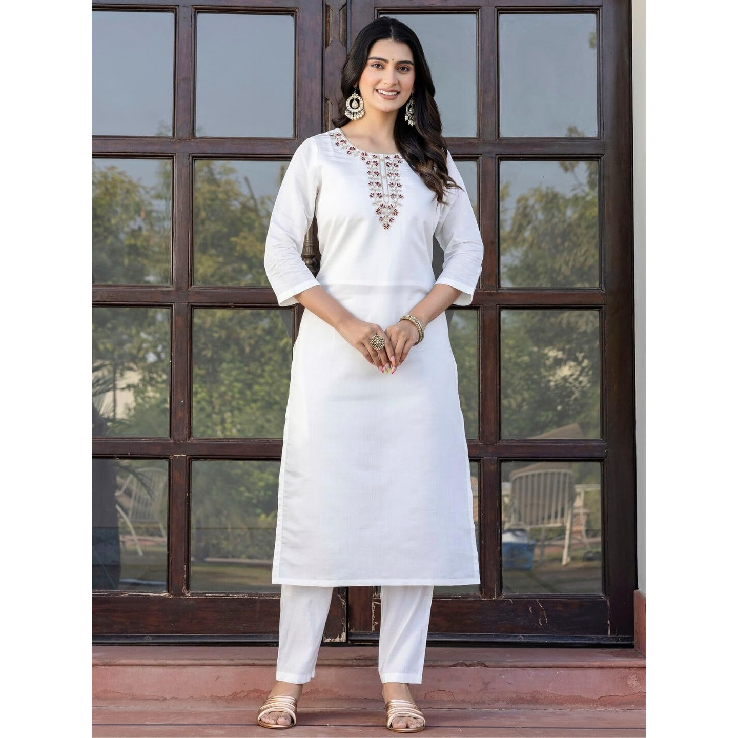 Navlik Women's Roman Silk Embroidered Straight Kurta with Pant and Dupatta Sets (M-Manvi)