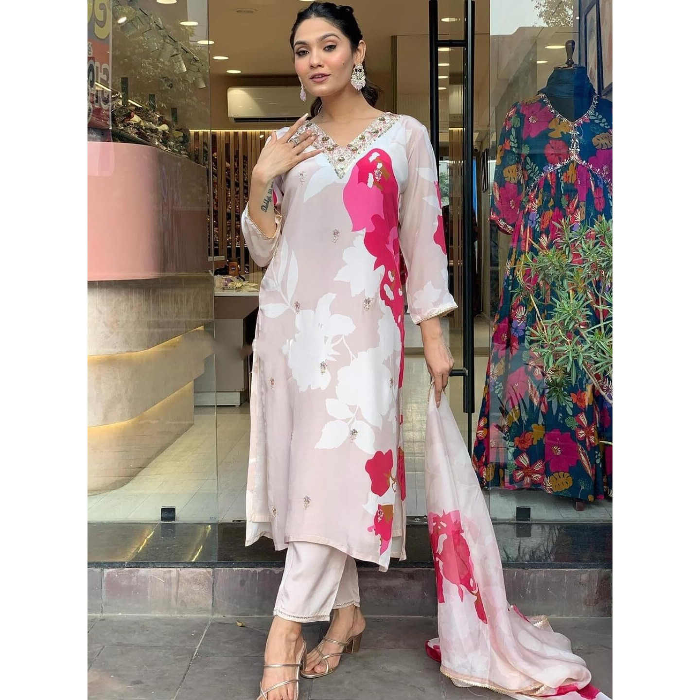 Navlik Women's White Natural Crepe Embroidered and Printed Straight Kurta with Viscose Rayon Pant and Organza Printed Dupatta Sets (NK-M-Meghna)