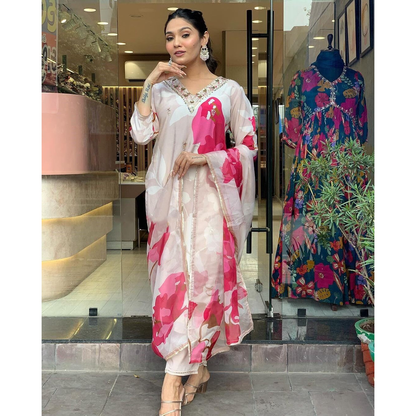 Navlik Women's White Natural Crepe Embroidered and Printed Straight Kurta with Viscose Rayon Pant and Organza Printed Dupatta Sets (NK-M-Meghna)