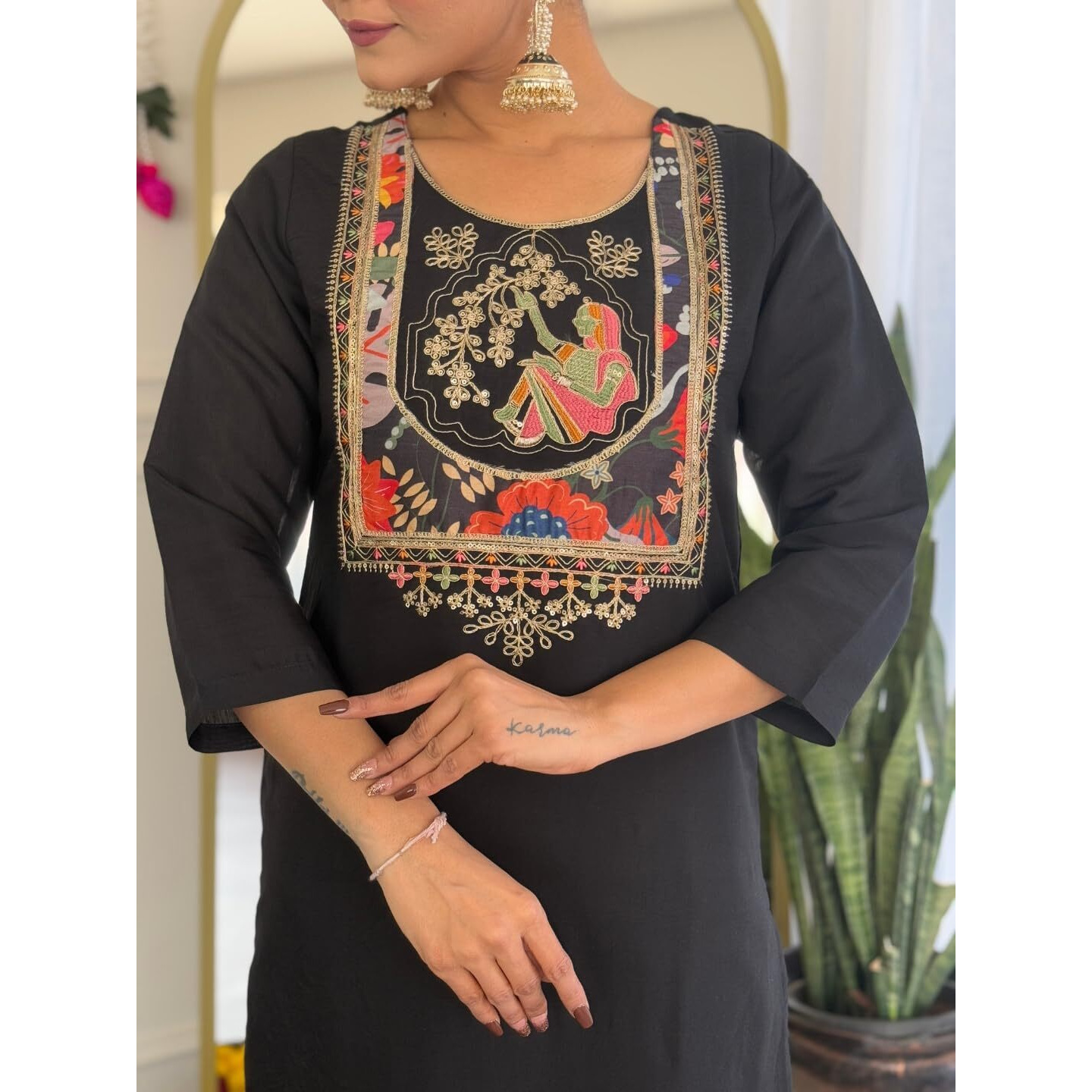 Navlik Women's Chanderi Viscose Embroidered Straight Kurta with Pant and Dupatta Sets (M-Nari)