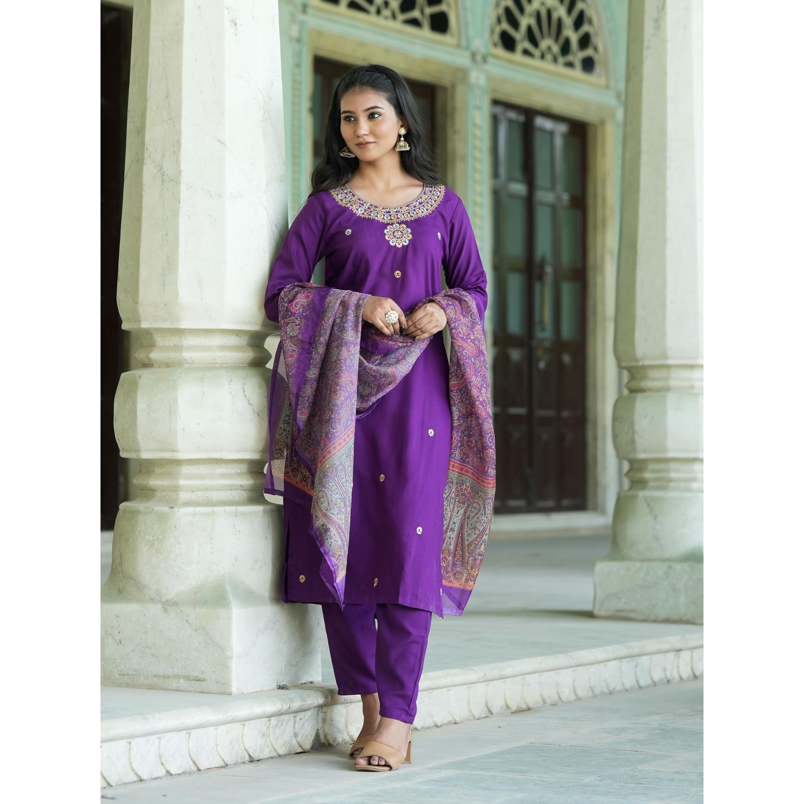 Navlik Women's Rayon Slub Embroidered Straight Kurta with Pant and Dupatta Sets (M-Nisha)