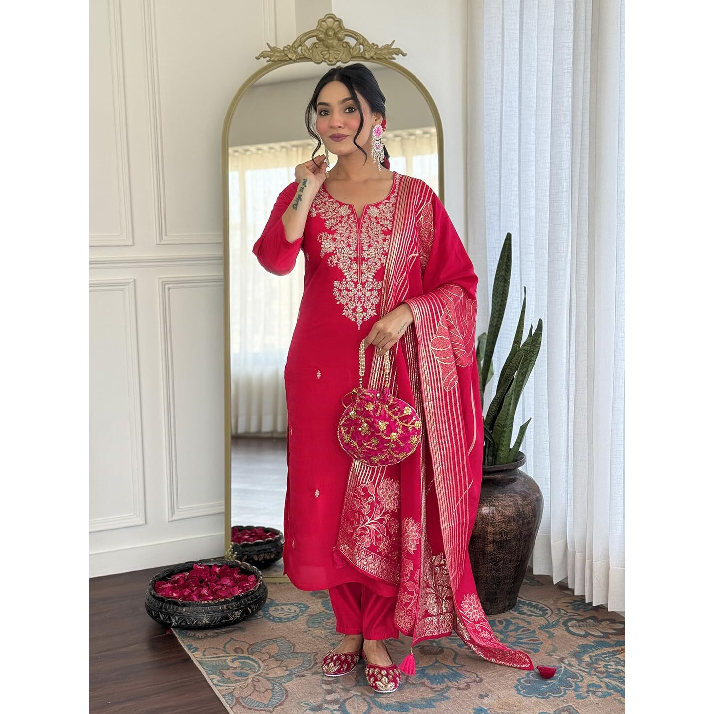 Navlik Women's Roman Silk Embroidered Straight Kurta with Pant and Dupatta Sets (NK-M-Pinkpari)