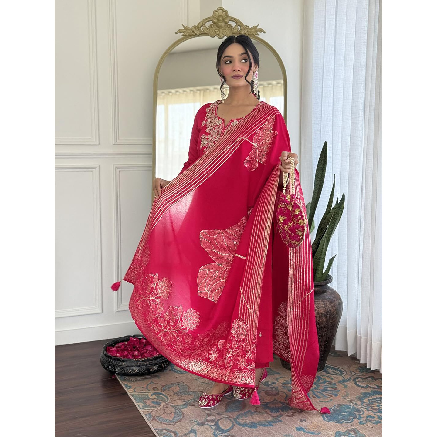 Navlik Women's Roman Silk Embroidered Straight Kurta with Pant and Dupatta Sets (NK-M-Pinkpari)
