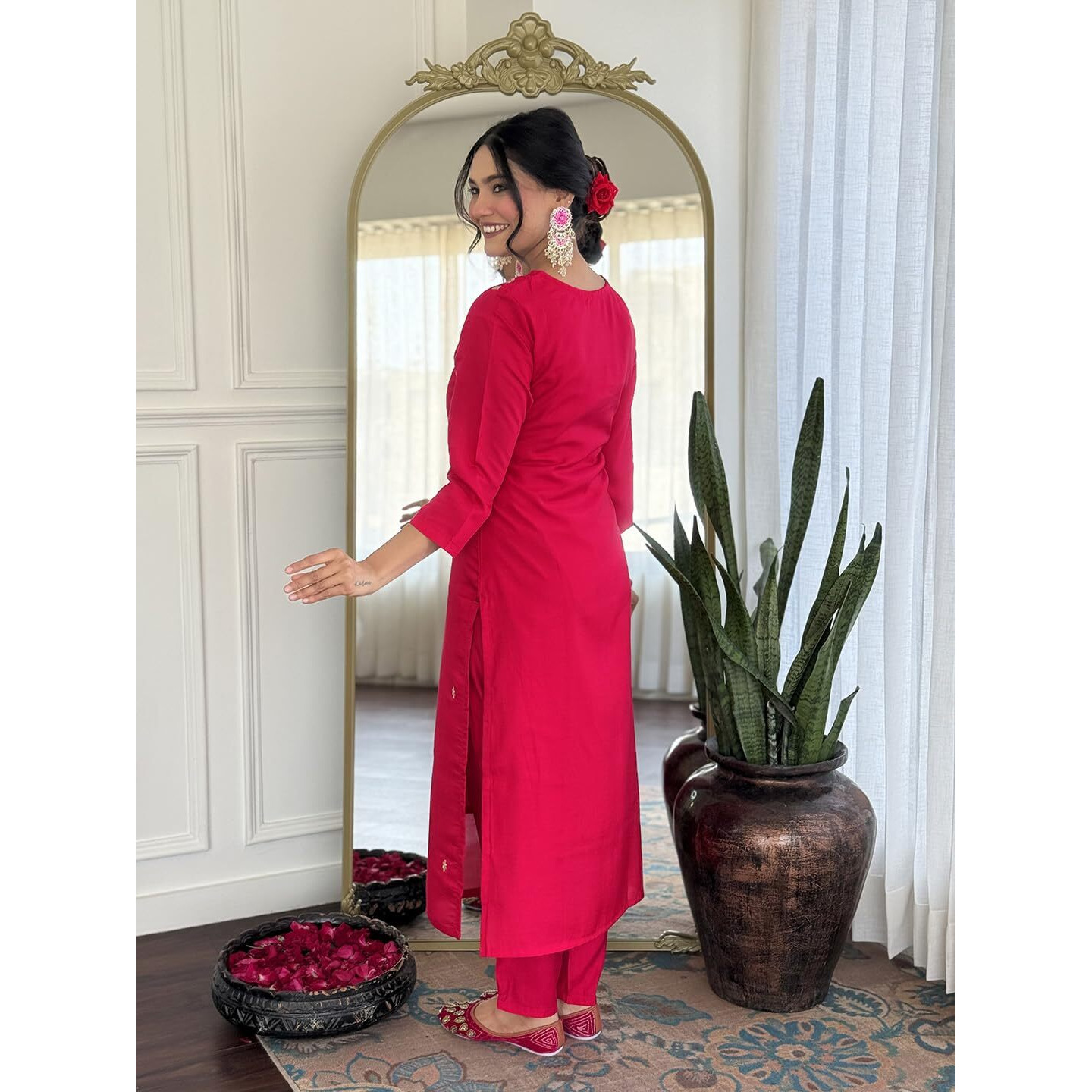 Navlik Women's Roman Silk Embroidered Straight Kurta with Pant and Dupatta Sets (NK-M-Pinkpari)