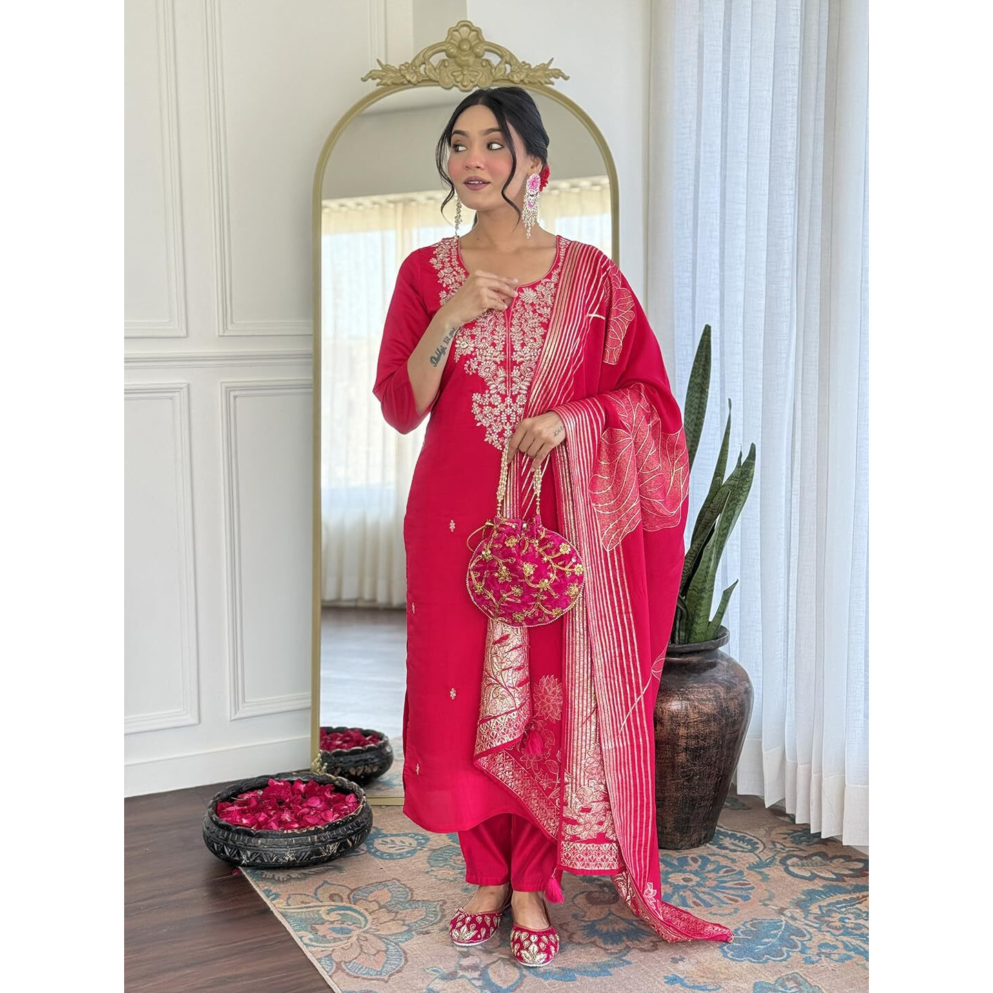 Navlik Women's Roman Silk Embroidered Straight Kurta with Pant and Dupatta Sets (NK-M-Pinkpari)