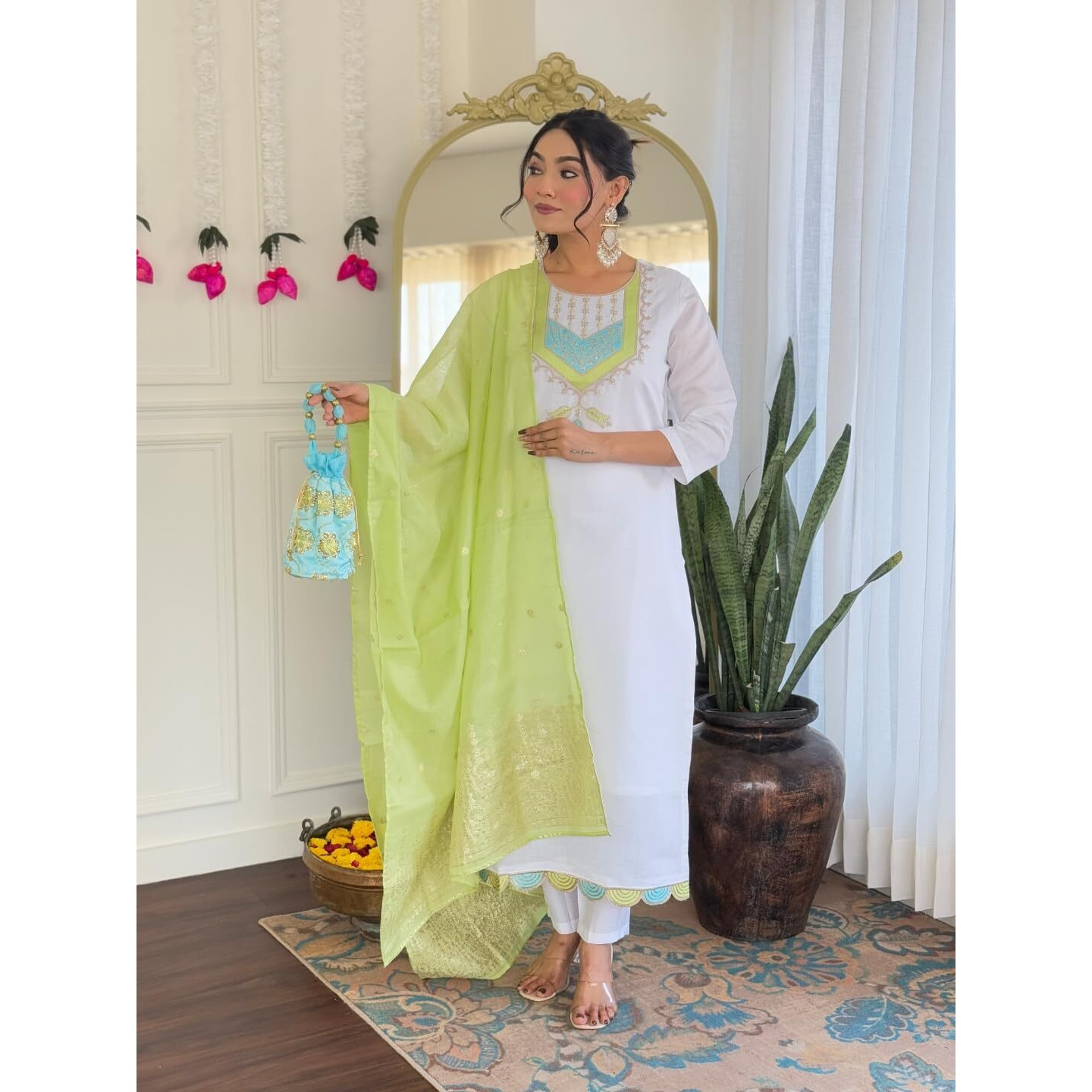 Navlik Women's Chanderi Viscose Embroidered Straight Kurta with Pant and Dupatta Sets (M-Shivangi)