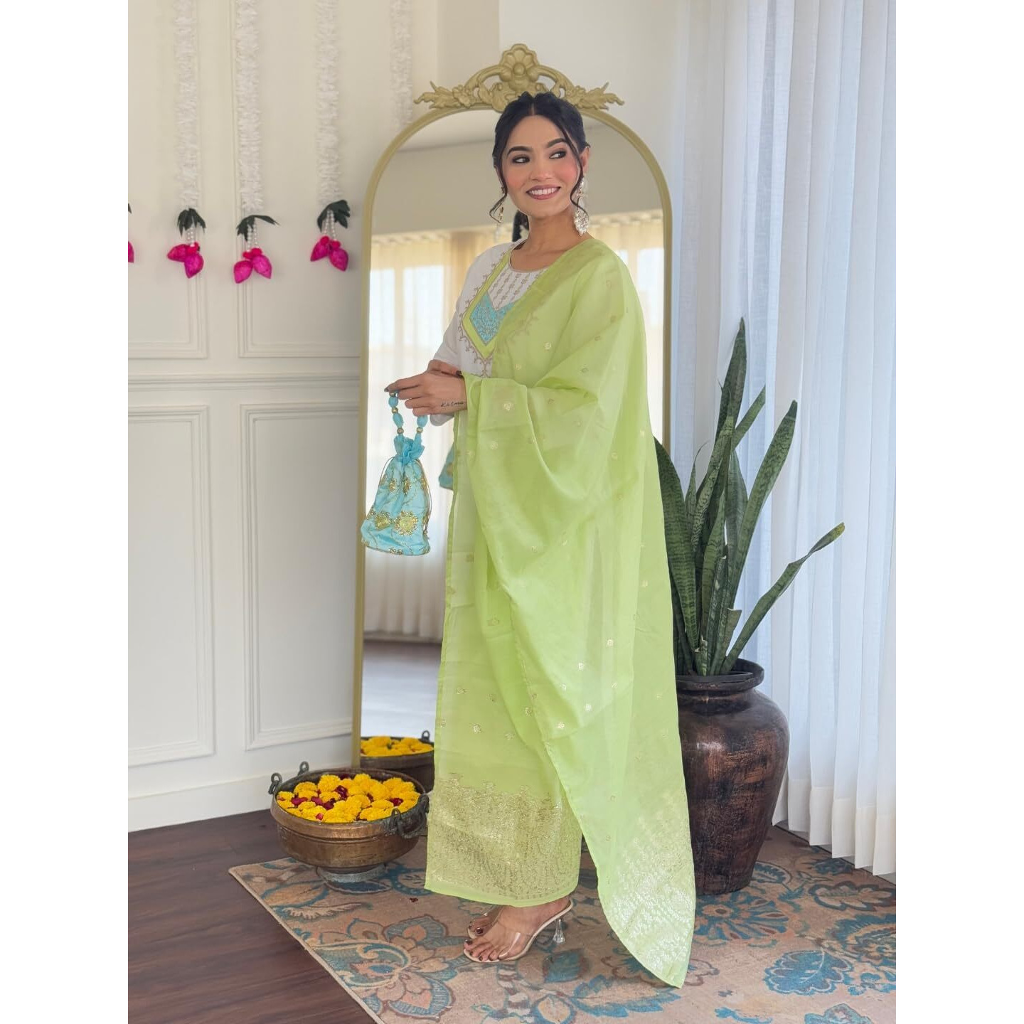 Navlik Women's Chanderi Viscose Embroidered Straight Kurta with Pant and Dupatta Sets (M-Shivangi)