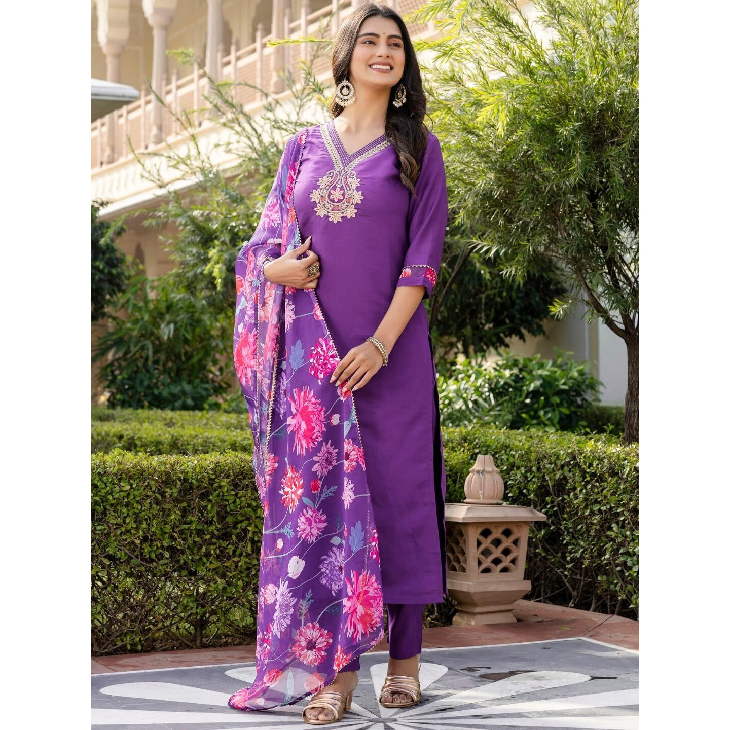 Navlik Women's Roman Silk Embroidered Straight Kurta with Pant and Dupatta Sets (M-Shradha)