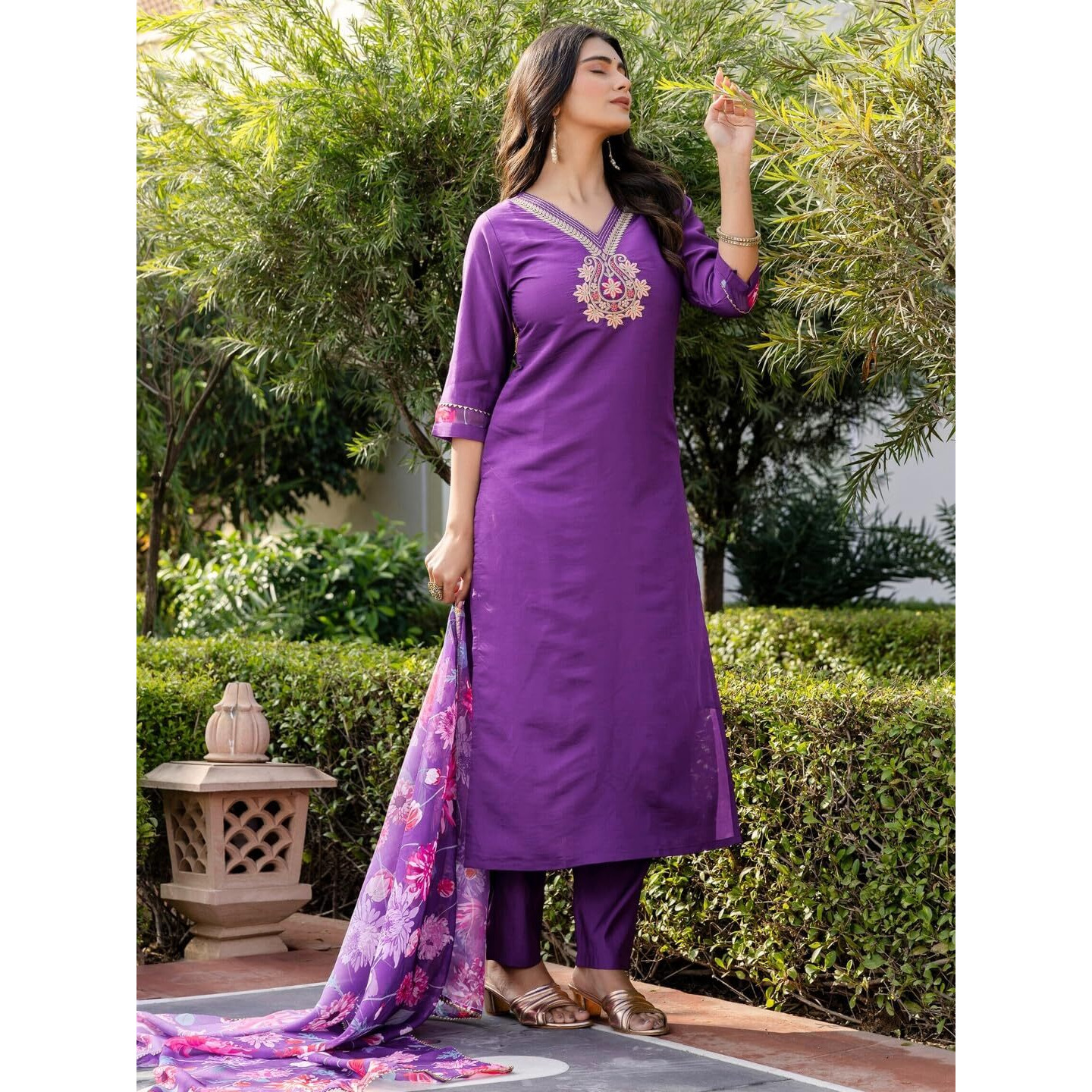Navlik Women's Roman Silk Embroidered Straight Kurta with Pant and Dupatta Sets (M-Shradha)