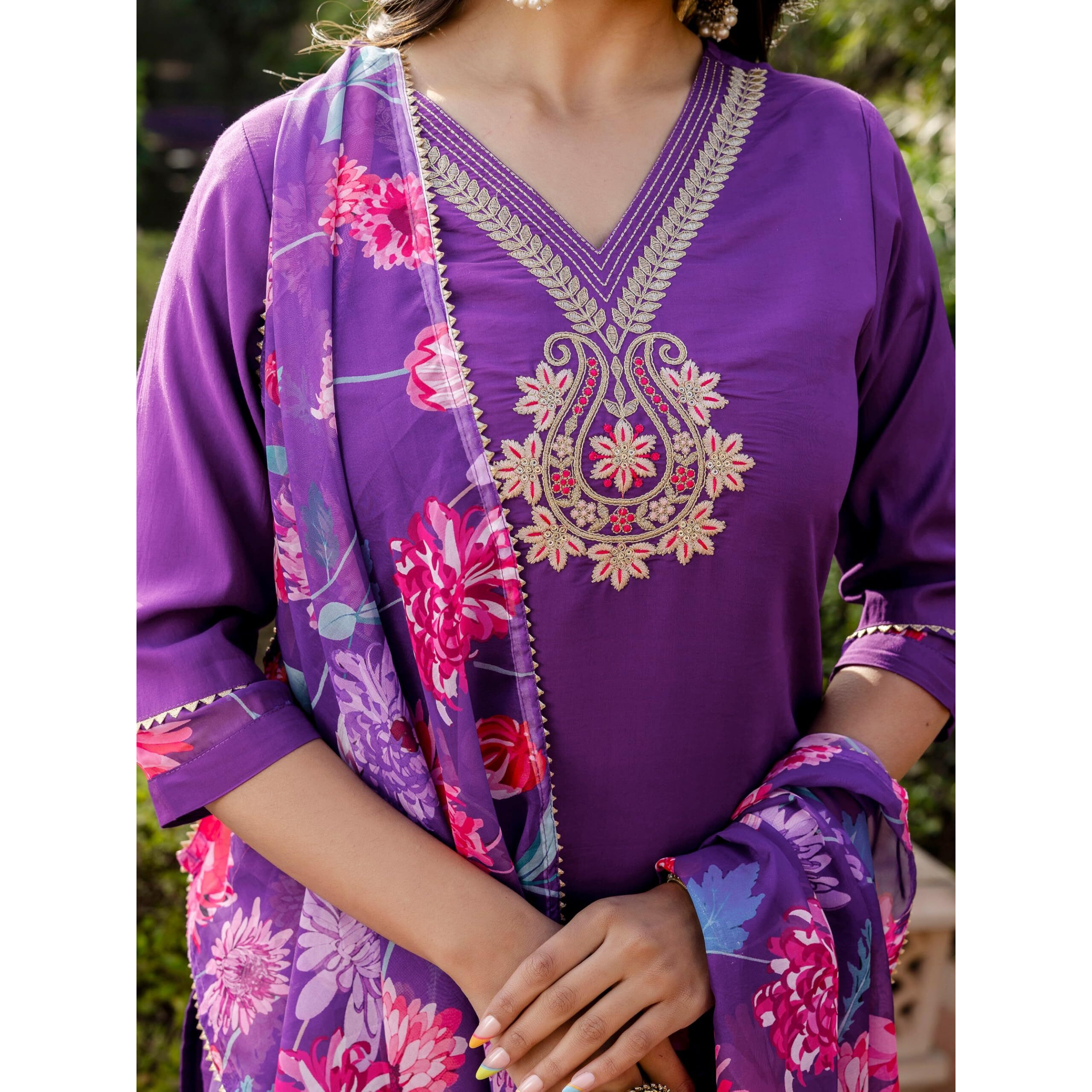 Navlik Women's Roman Silk Embroidered Straight Kurta with Pant and Dupatta Sets (M-Shradha)