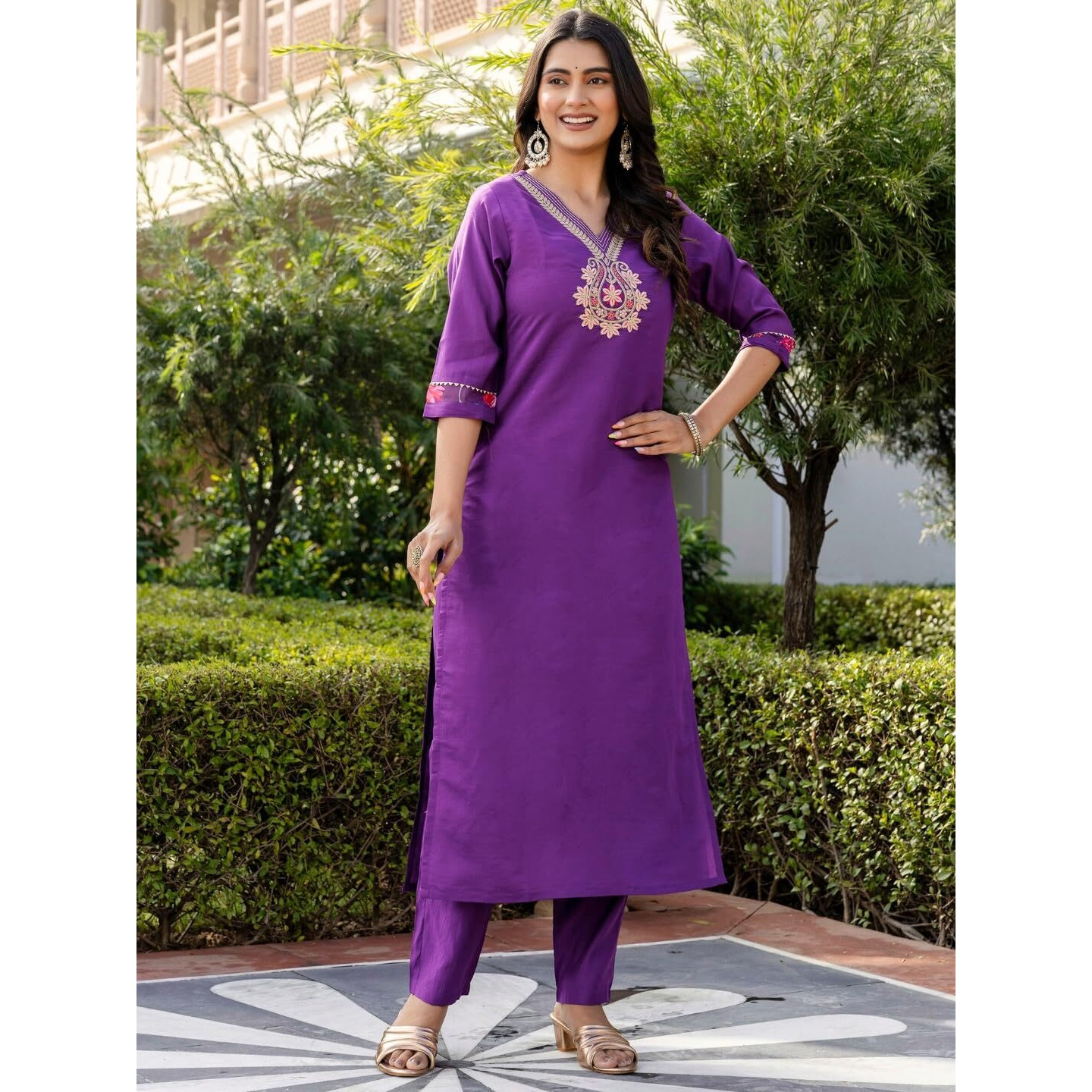 Navlik Women's Roman Silk Embroidered Straight Kurta with Pant and Dupatta Sets (M-Shradha)