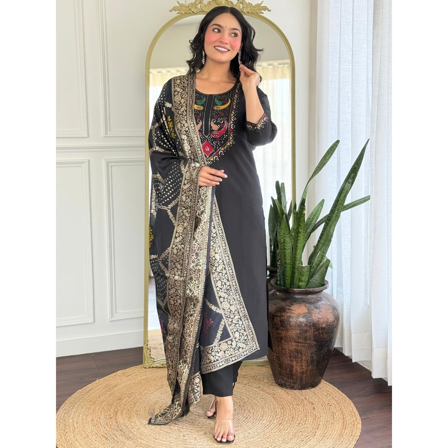 Navlik Women's Roman Silk Embroidered Straight Kurta with Pant and Dupatta Sets (NK-M-Shree)