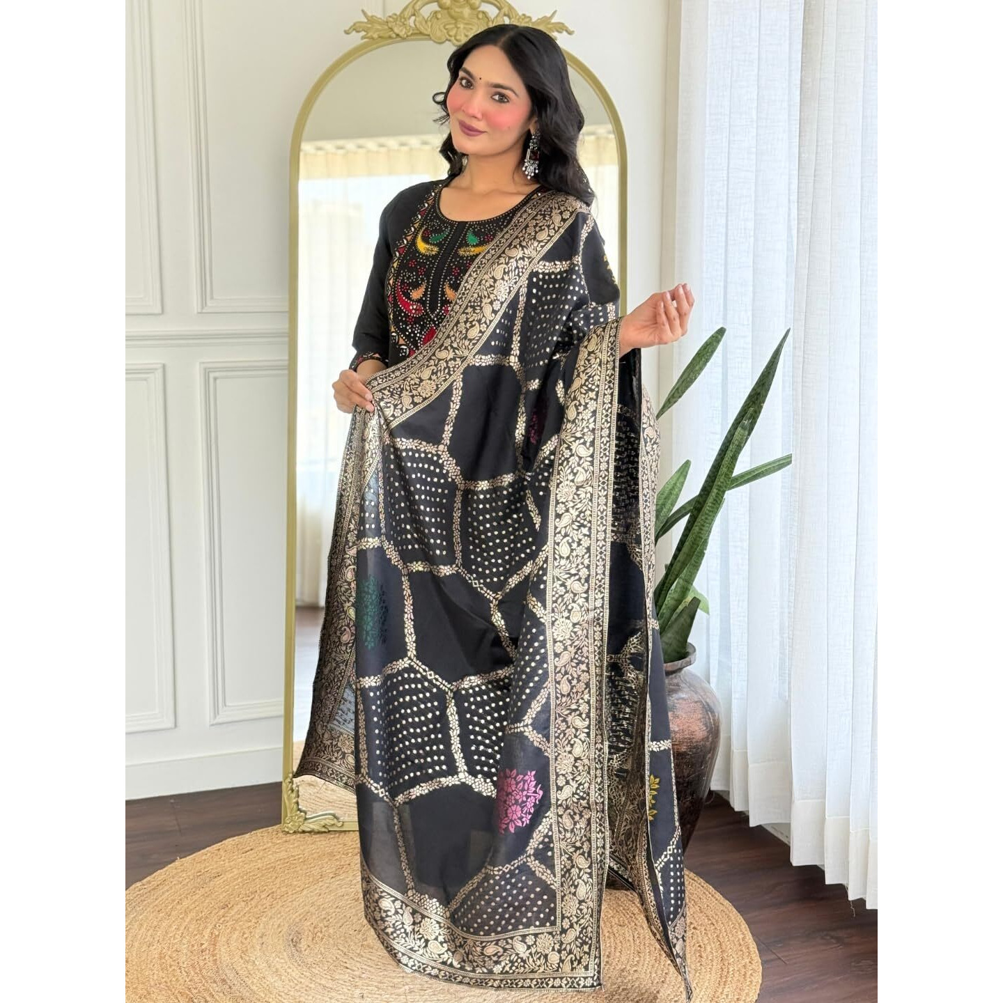 Navlik Women's Roman Silk Embroidered Straight Kurta with Pant and Dupatta Sets (NK-M-Shree)