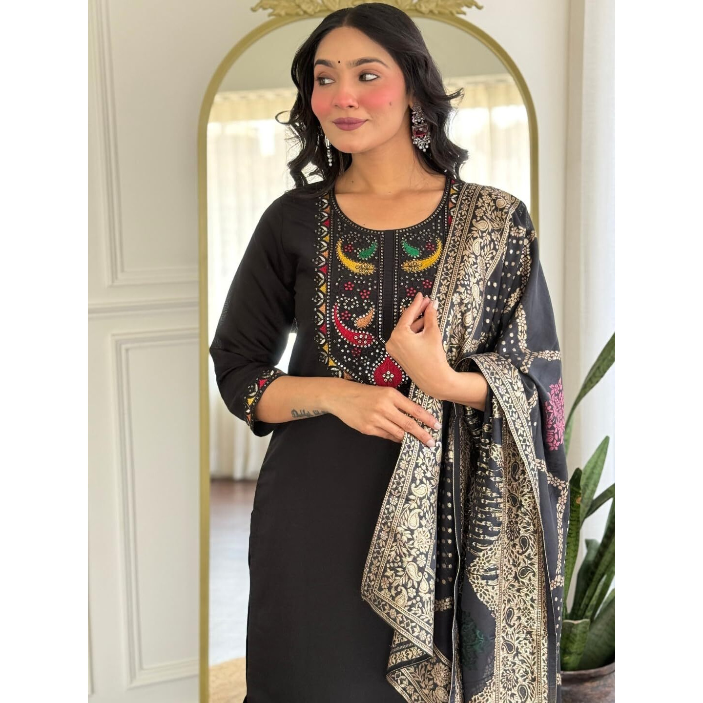 Navlik Women's Roman Silk Embroidered Straight Kurta with Pant and Dupatta Sets (NK-M-Shree)