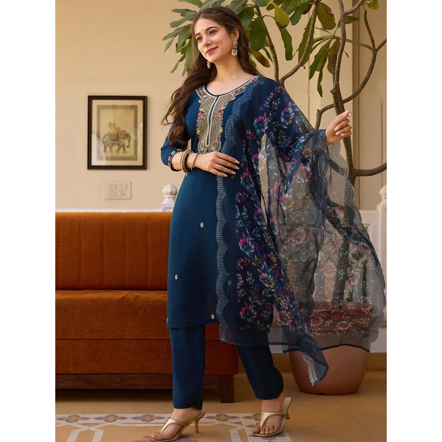 Navlik Women's Chanderi Viscose Embroidered Straight Kurta with Pant and Dupatta Sets (NK-MV-21)