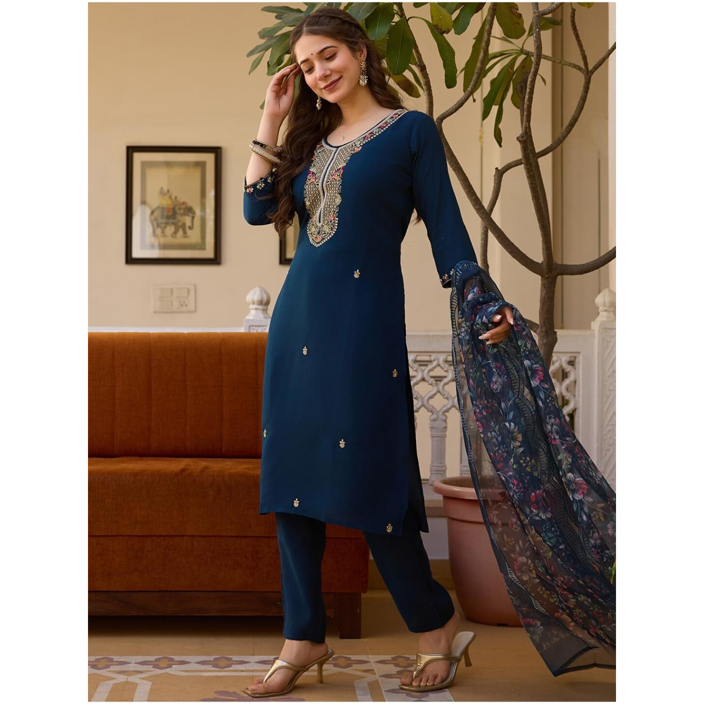 Navlik Women's Chanderi Viscose Embroidered Straight Kurta with Pant and Dupatta Sets (NK-MV-21)