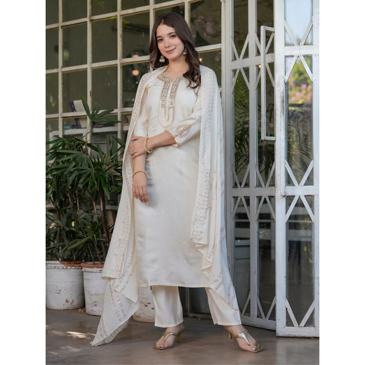 Navlik Women's Off White Chanderi Viscose Embroidered Straight Kurta with Chanderi Viscose Pant and Viscose Jacquard Dyed Dupatta Sets (NK-MV-610)