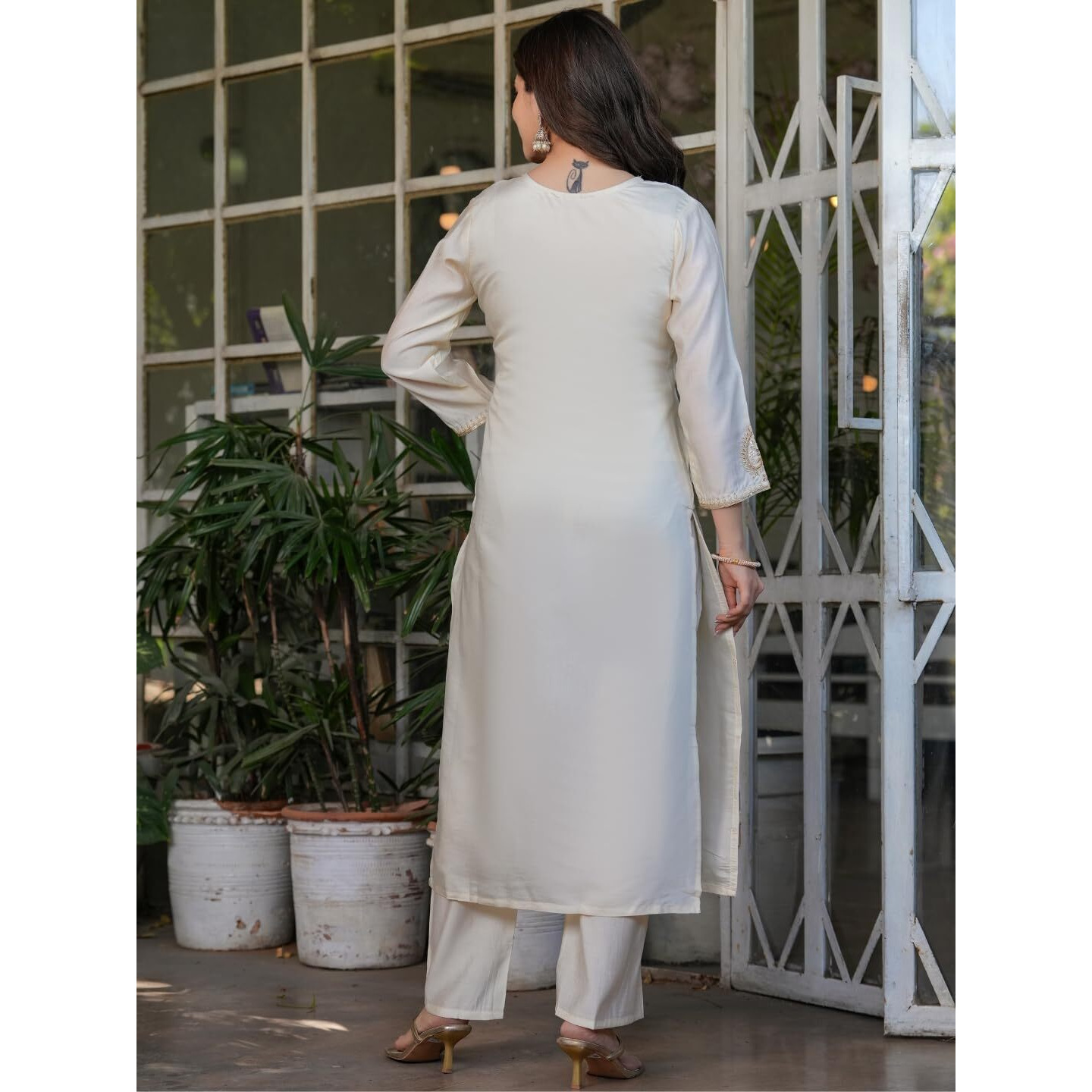 Navlik Women's Off White Chanderi Viscose Embroidered Straight Kurta with Chanderi Viscose Pant and Viscose Jacquard Dyed Dupatta Sets (NK-MV-610)