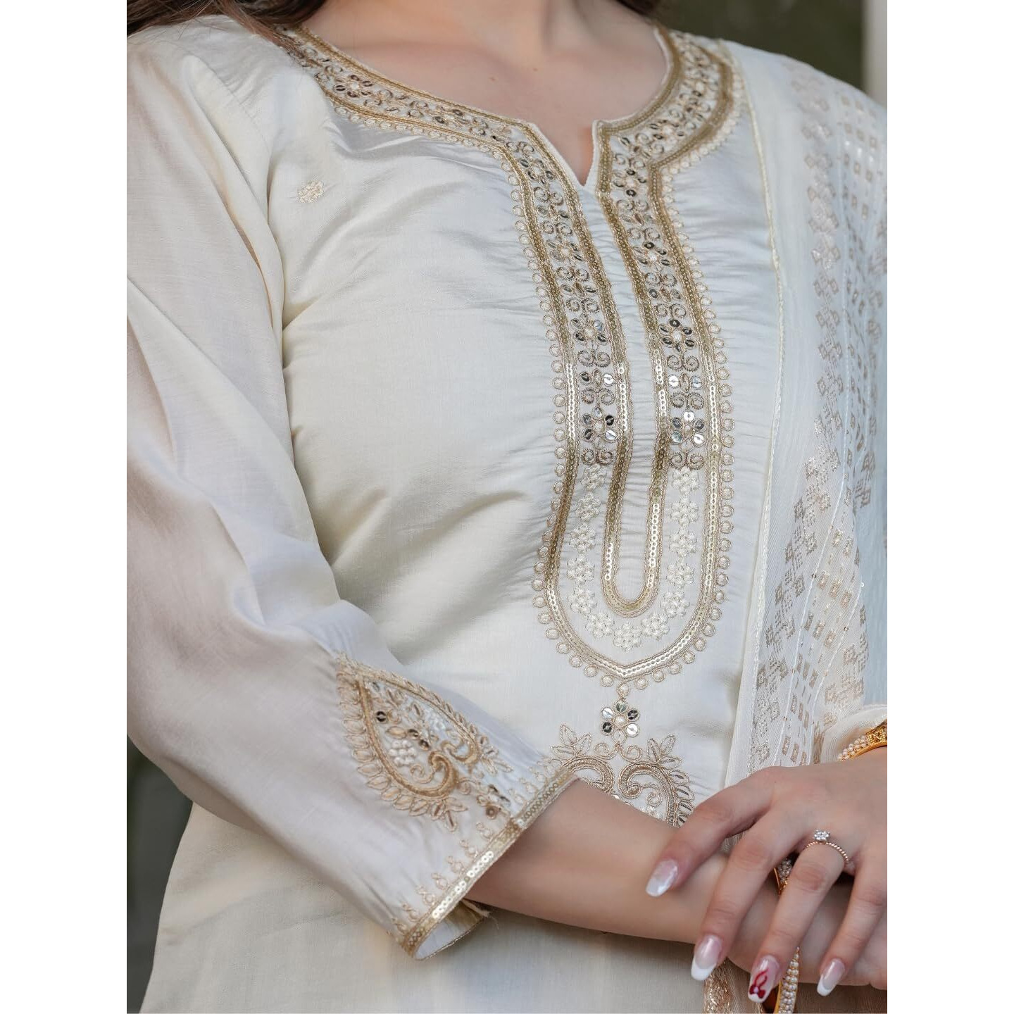 Navlik Women's Off White Chanderi Viscose Embroidered Straight Kurta with Chanderi Viscose Pant and Viscose Jacquard Dyed Dupatta Sets (NK-MV-610)