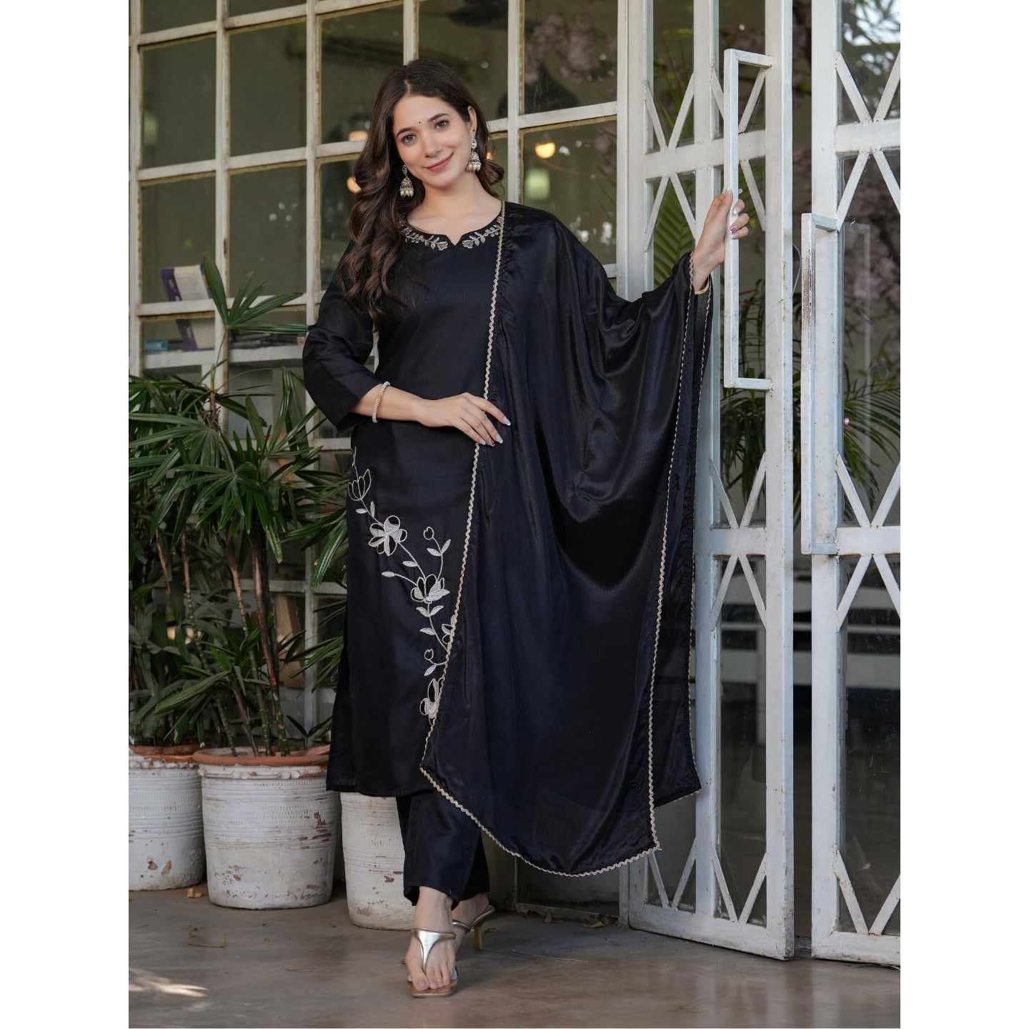 Navlik Women's Viscose Rayon Embroidered and Printed Straight Kurta with Pant And Dupatta Sets (MV-611)