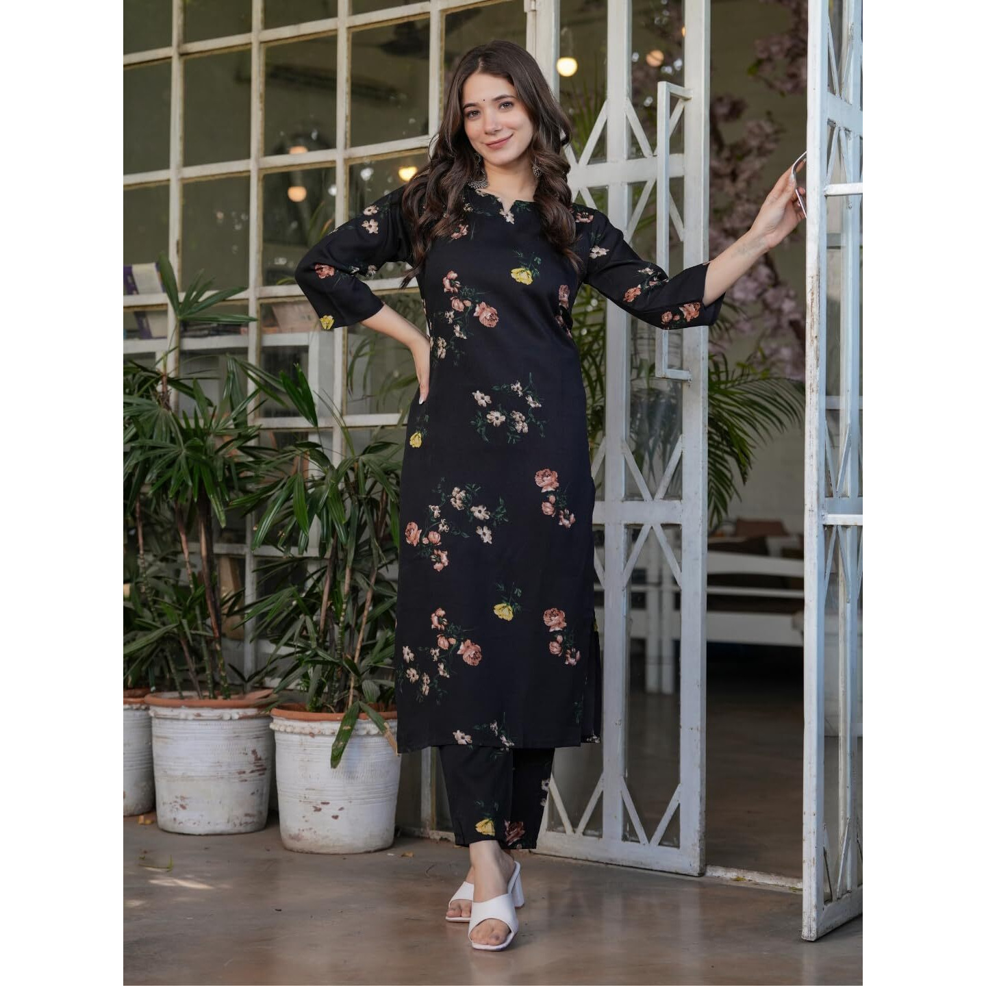 Navlik Women's Black Silk Blend Printed Straight Kurta with Silk Blend Pant and Nazneen Laced Dupatta Sets (NK-MV-613)
