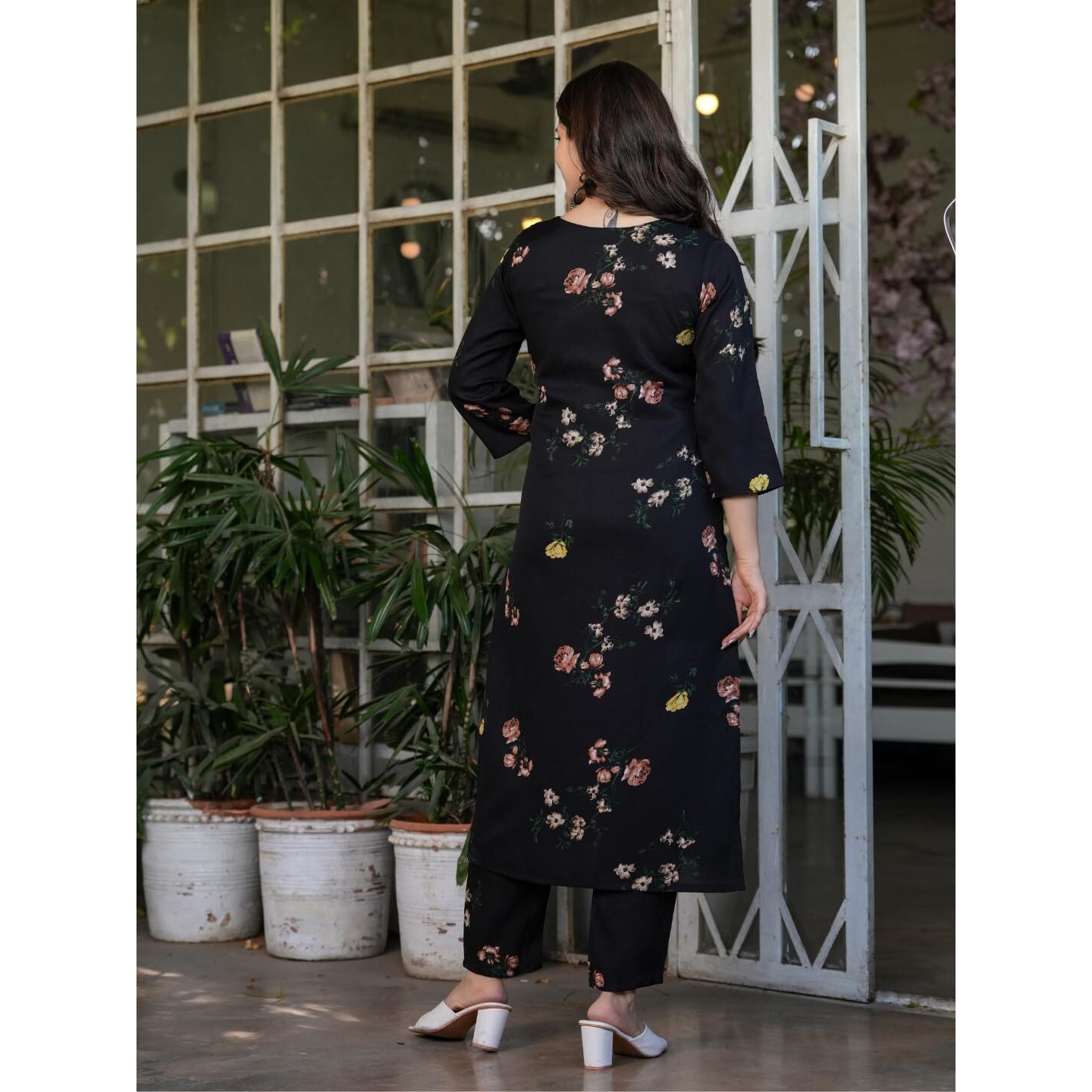 Navlik Women's Black Silk Blend Printed Straight Kurta with Silk Blend Pant and Nazneen Laced Dupatta Sets (NK-MV-613)