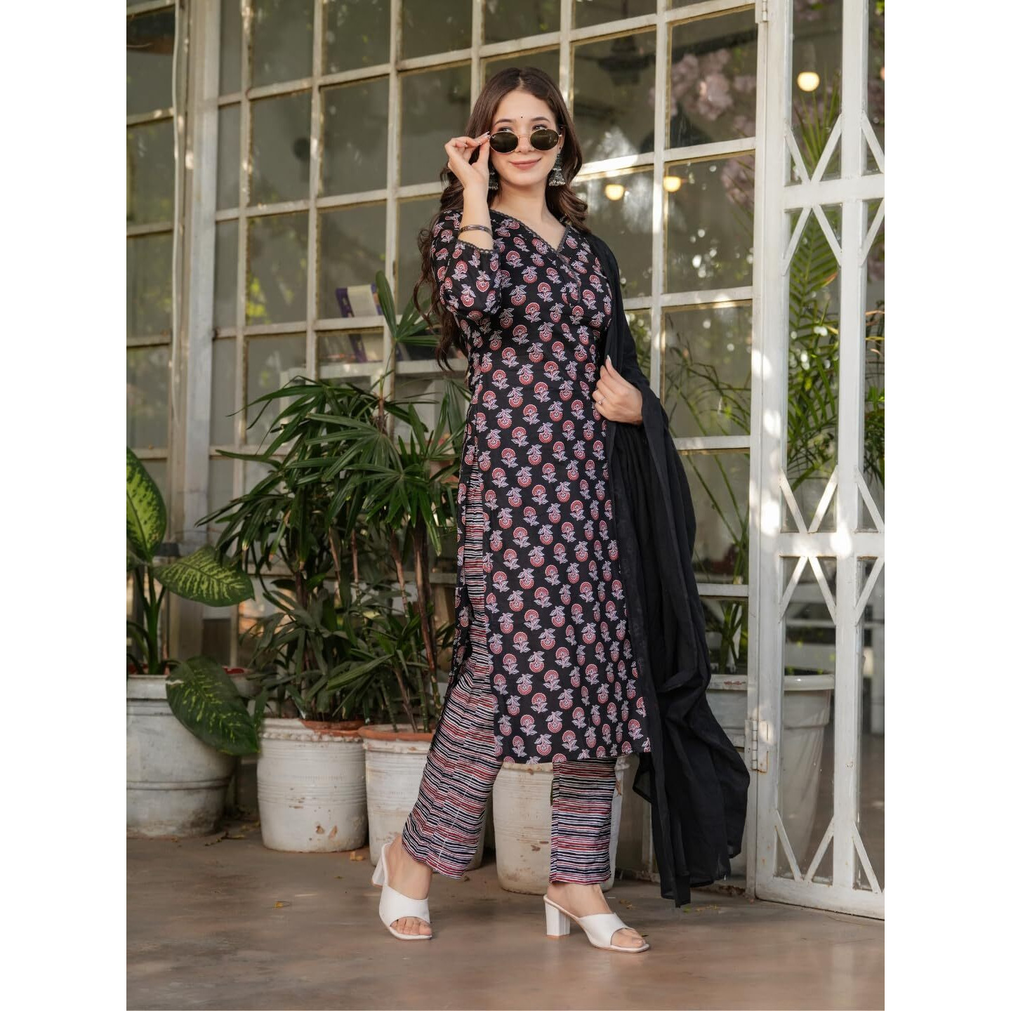 Navlik Women's Black Pure Cotton Printed Straight Kurta with Pure Organza Pant and Silk Kota Chex Dyed Dupatta Sets (NK-MV-615)