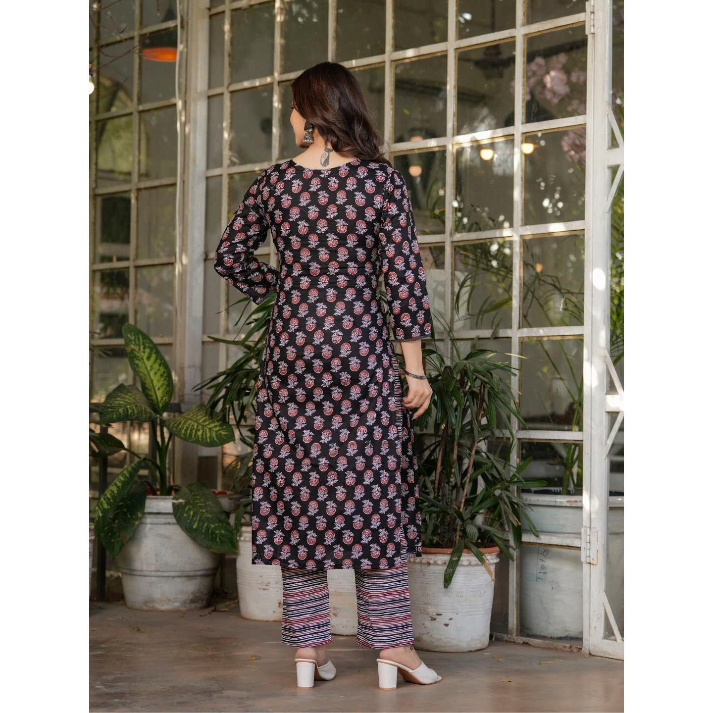 Navlik Women's Black Pure Cotton Printed Straight Kurta with Pure Organza Pant and Silk Kota Chex Dyed Dupatta Sets (NK-MV-615)