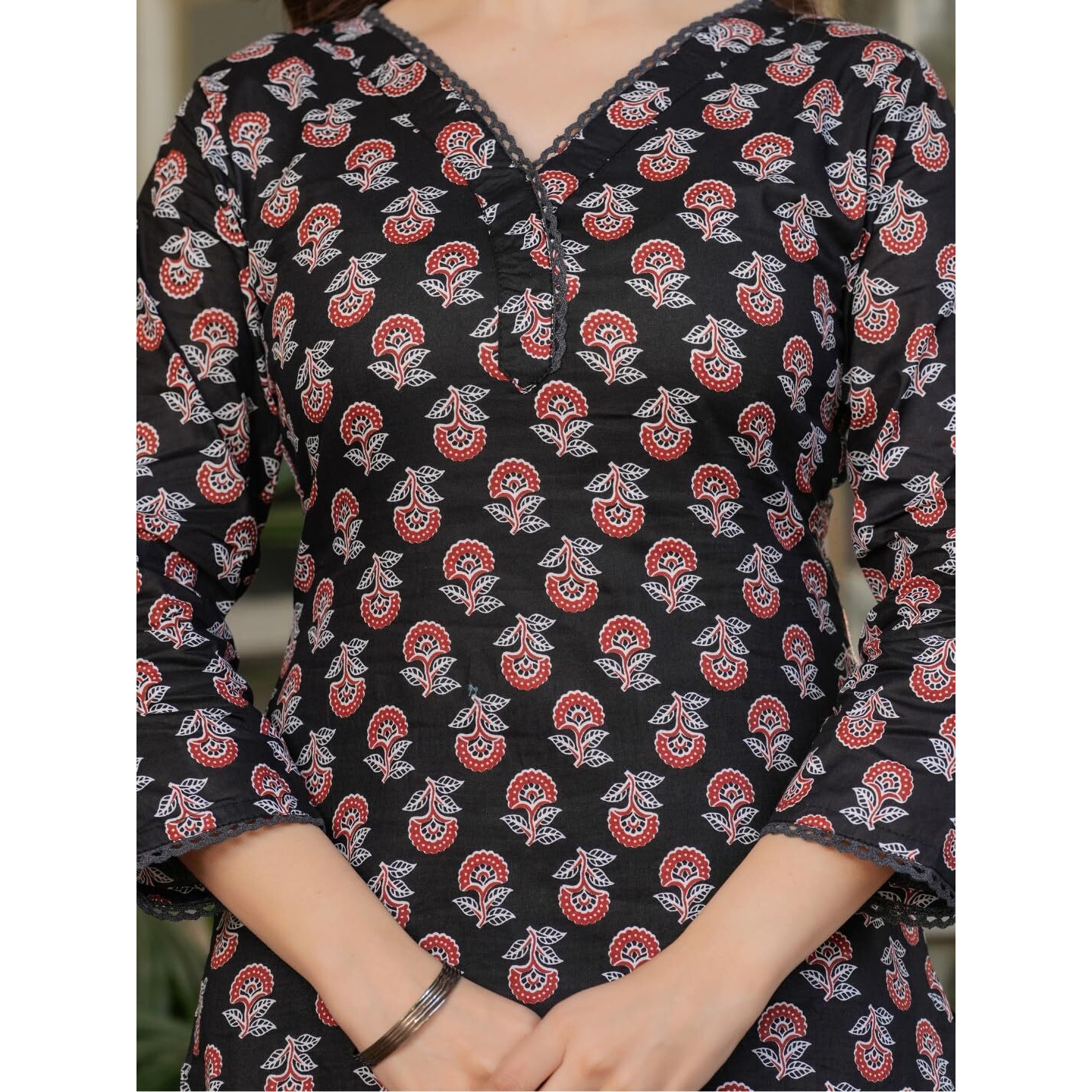 Navlik Women's Black Pure Cotton Printed Straight Kurta with Pure Organza Pant and Silk Kota Chex Dyed Dupatta Sets (NK-MV-615)