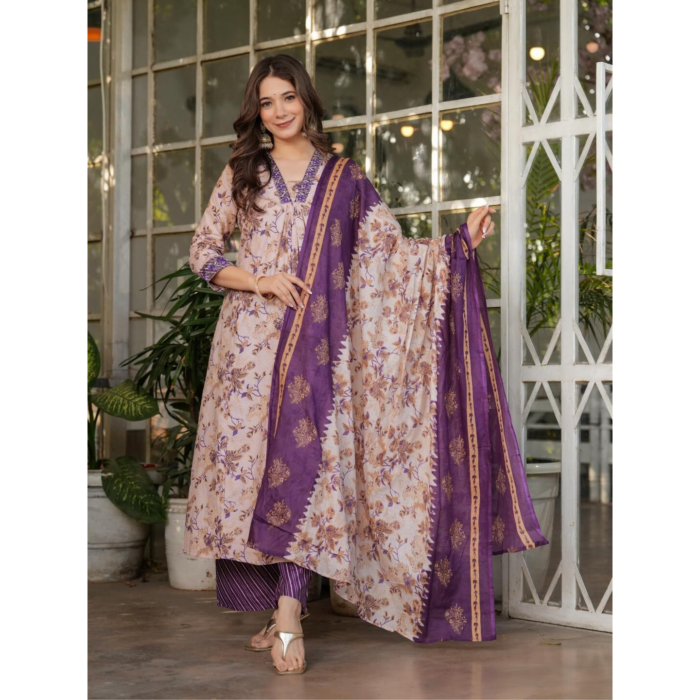 Navlik Women's Purple Pure Cotton Embroidered and Printed A-Line Kurta with Pure Cotton Pant and Chanderi Cotton Printed Dupatta Sets (NK-MV-616)