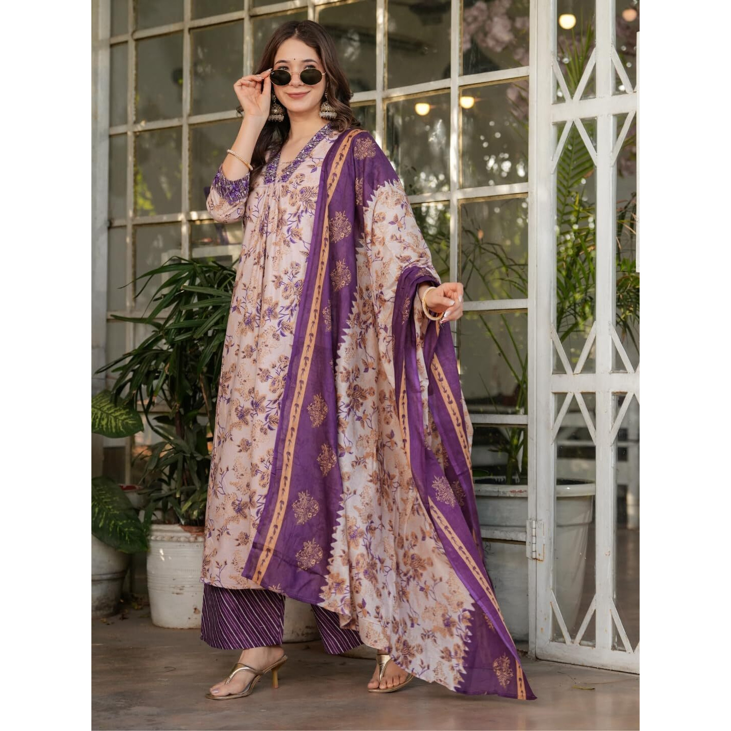 Navlik Women's Purple Pure Cotton Embroidered and Printed A-Line Kurta with Pure Cotton Pant and Chanderi Cotton Printed Dupatta Sets (NK-MV-616)
