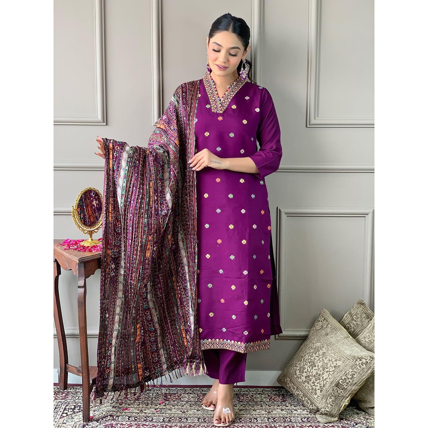 Navlik Women's Chanderi Viscose Embroidered Straight Kurta with Pant And Dupatta Sets (MV-617)