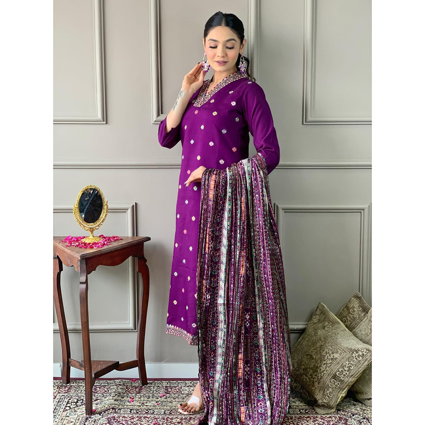 Navlik Women's Chanderi Viscose Embroidered Straight Kurta with Pant And Dupatta Sets (MV-617)