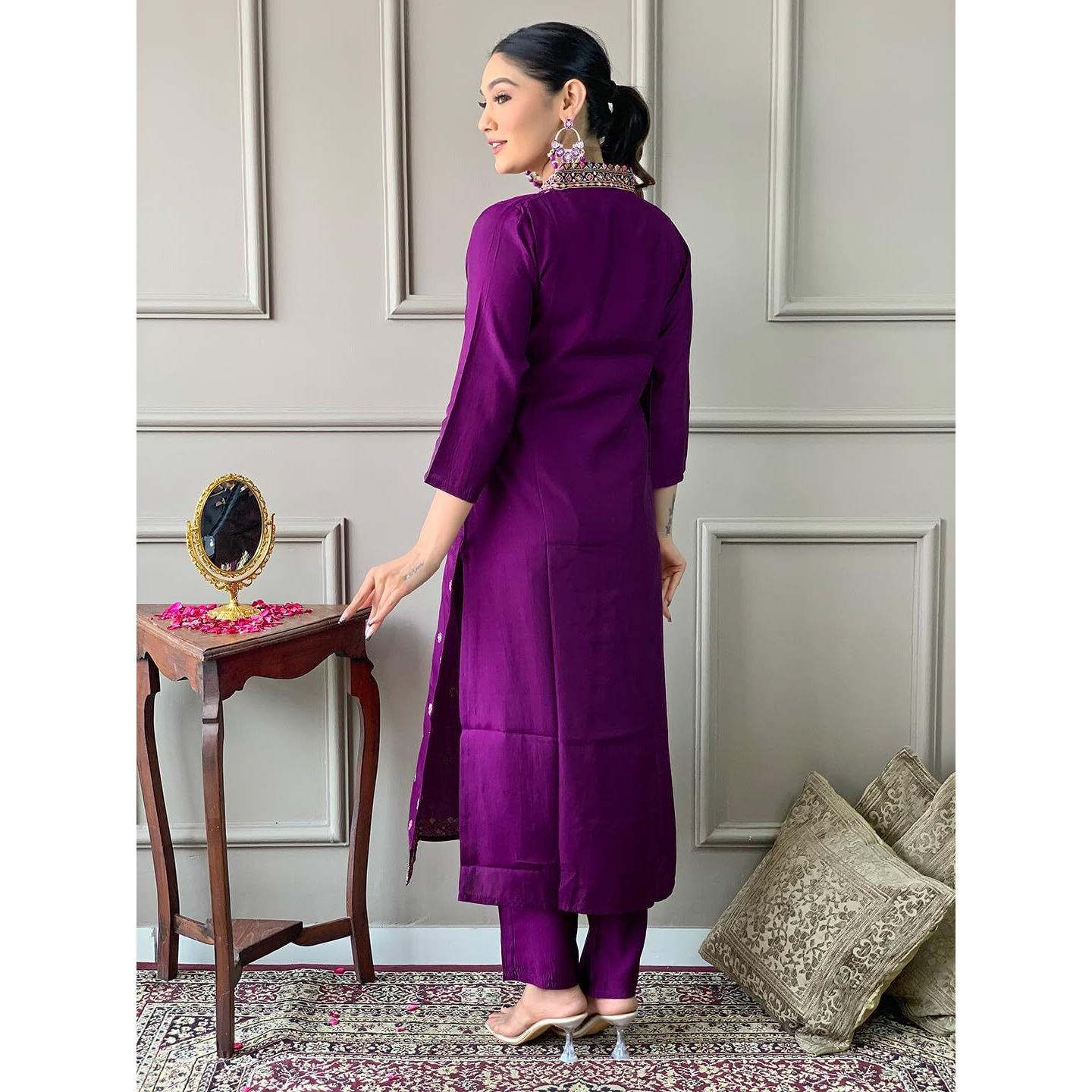 Navlik Women's Chanderi Viscose Embroidered Straight Kurta with Pant And Dupatta Sets (MV-617)