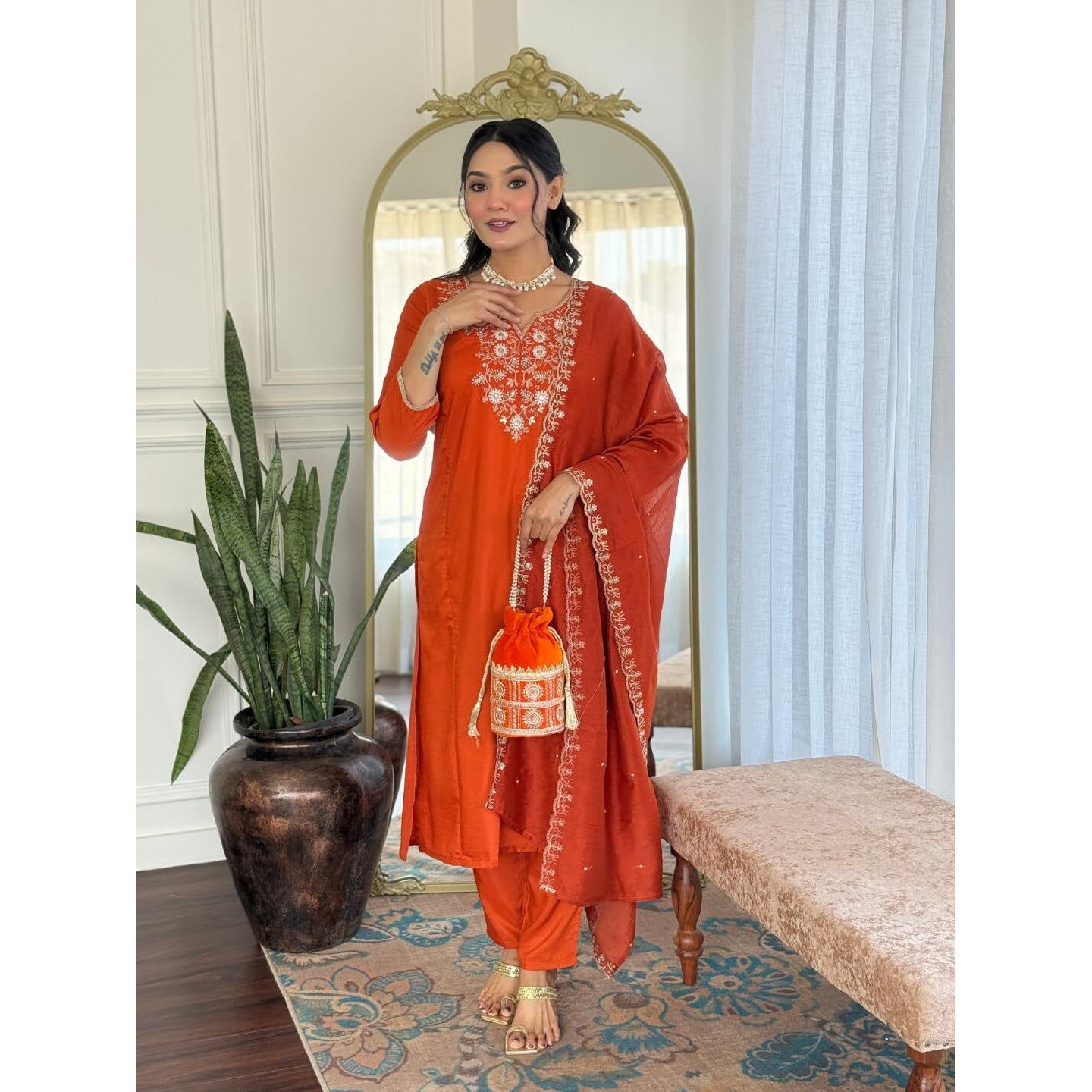 Navlik Women's Viscose Chinon Embroidered A-Line Kurta with Pant And Dupatta Sets (MV-620)