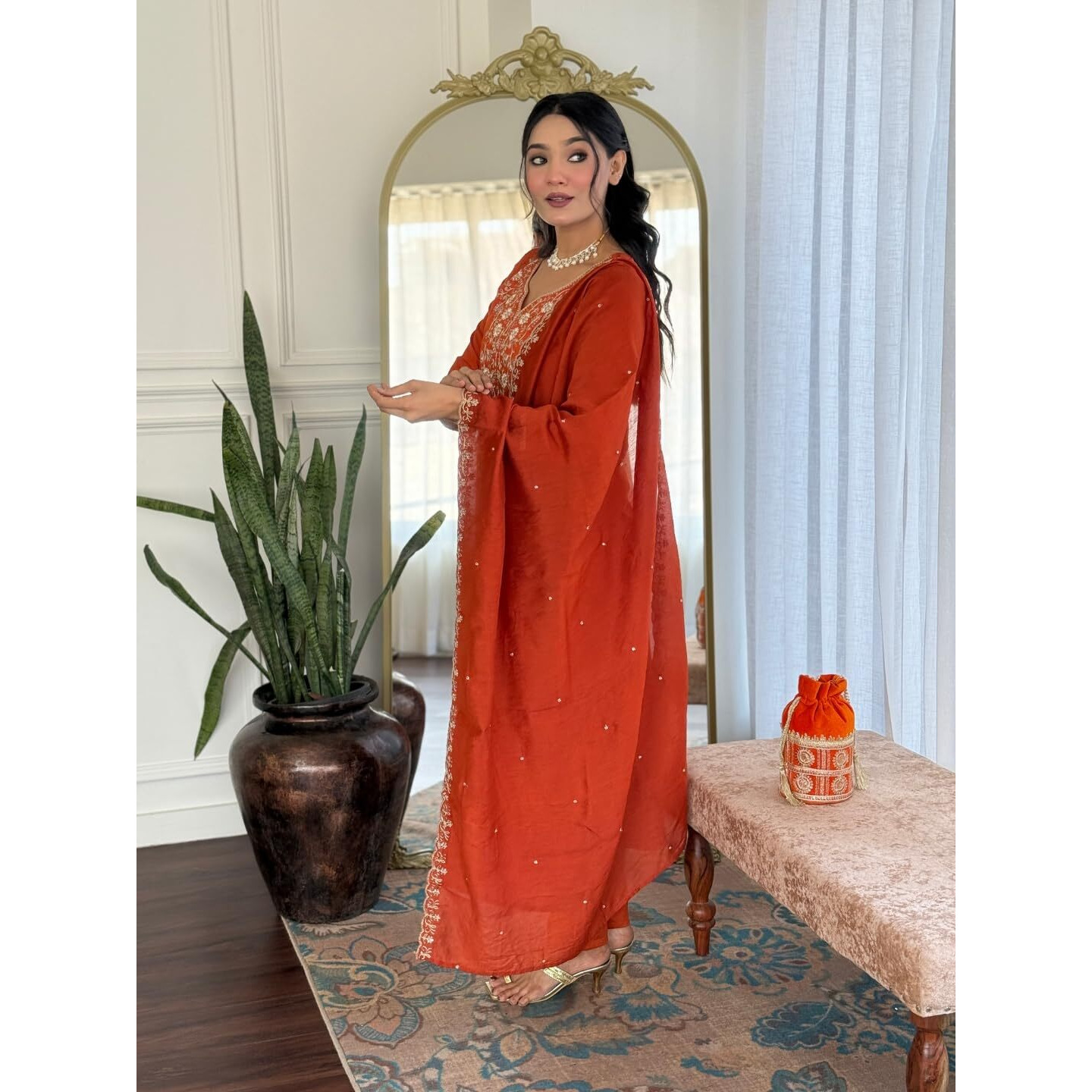 Navlik Women's Viscose Chinon Embroidered A-Line Kurta with Pant And Dupatta Sets (MV-620)