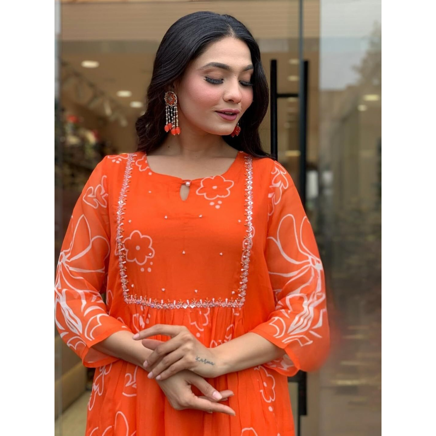 Navlik Women's Georgette Embroidered Flared Kurta with Pant And Dupatta Sets (MV-621)