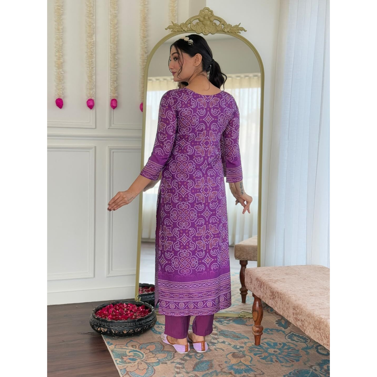 Navlik Women's French Crepe Mirrored Work A-Line Kurta with Pant And Dupatta Sets (MV-622)