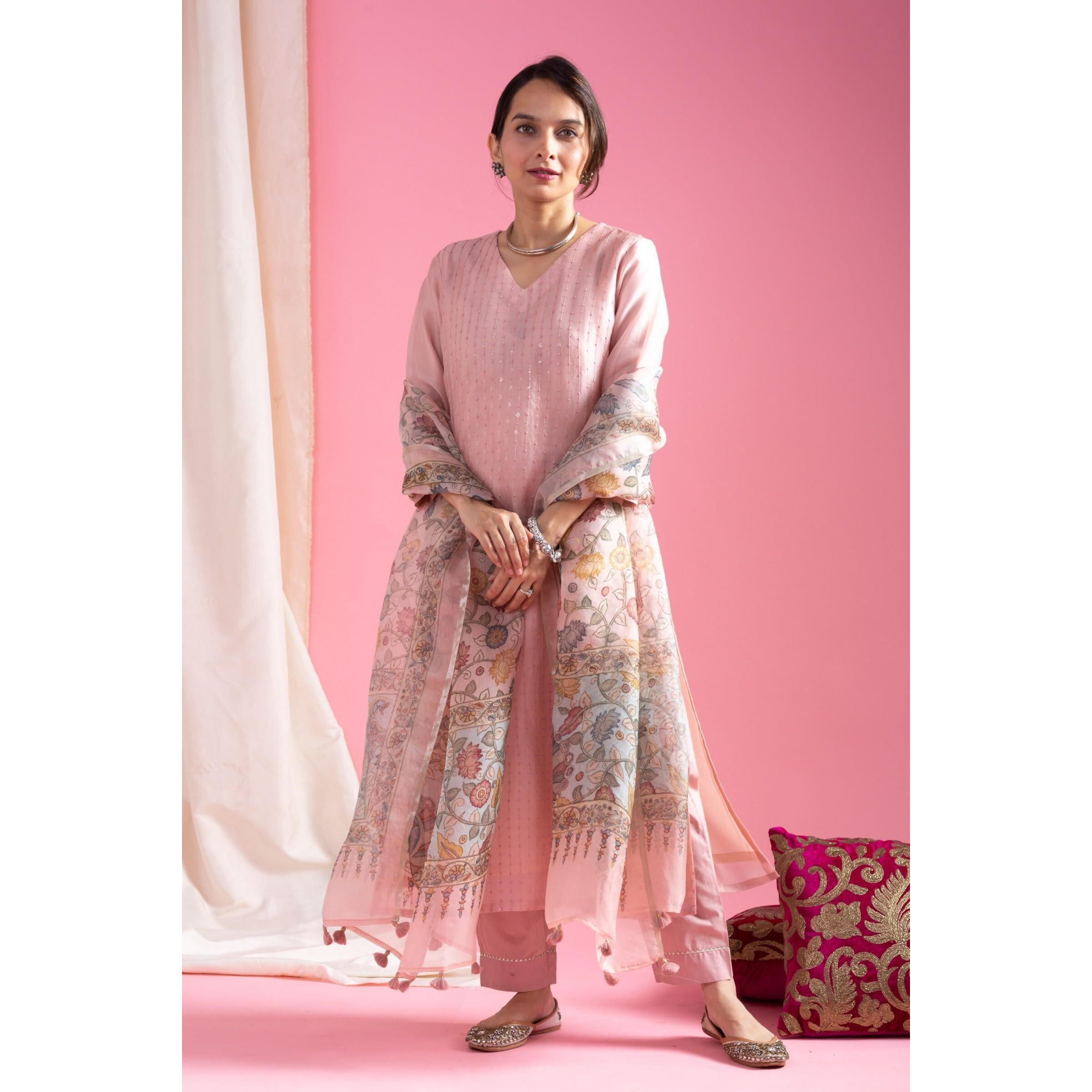 Navlik Women's Chanderi Viscose Embroidered A-Line Kurta Pant and Dupatta Sets (MV-623)