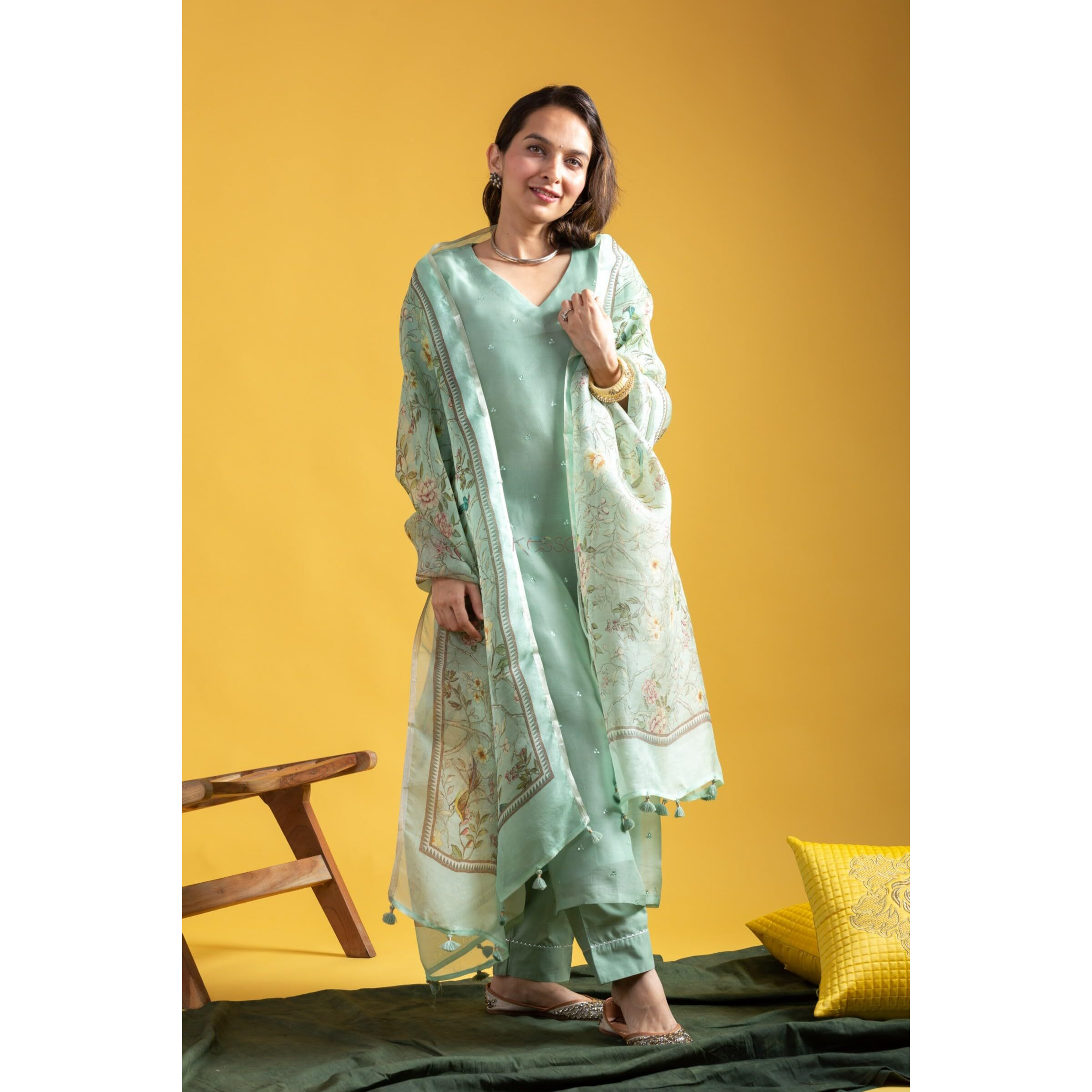 Navlik Women's Chanderi Viscose Embroidered A-Line Kurta Pant and Dupatta Sets (MV-624)