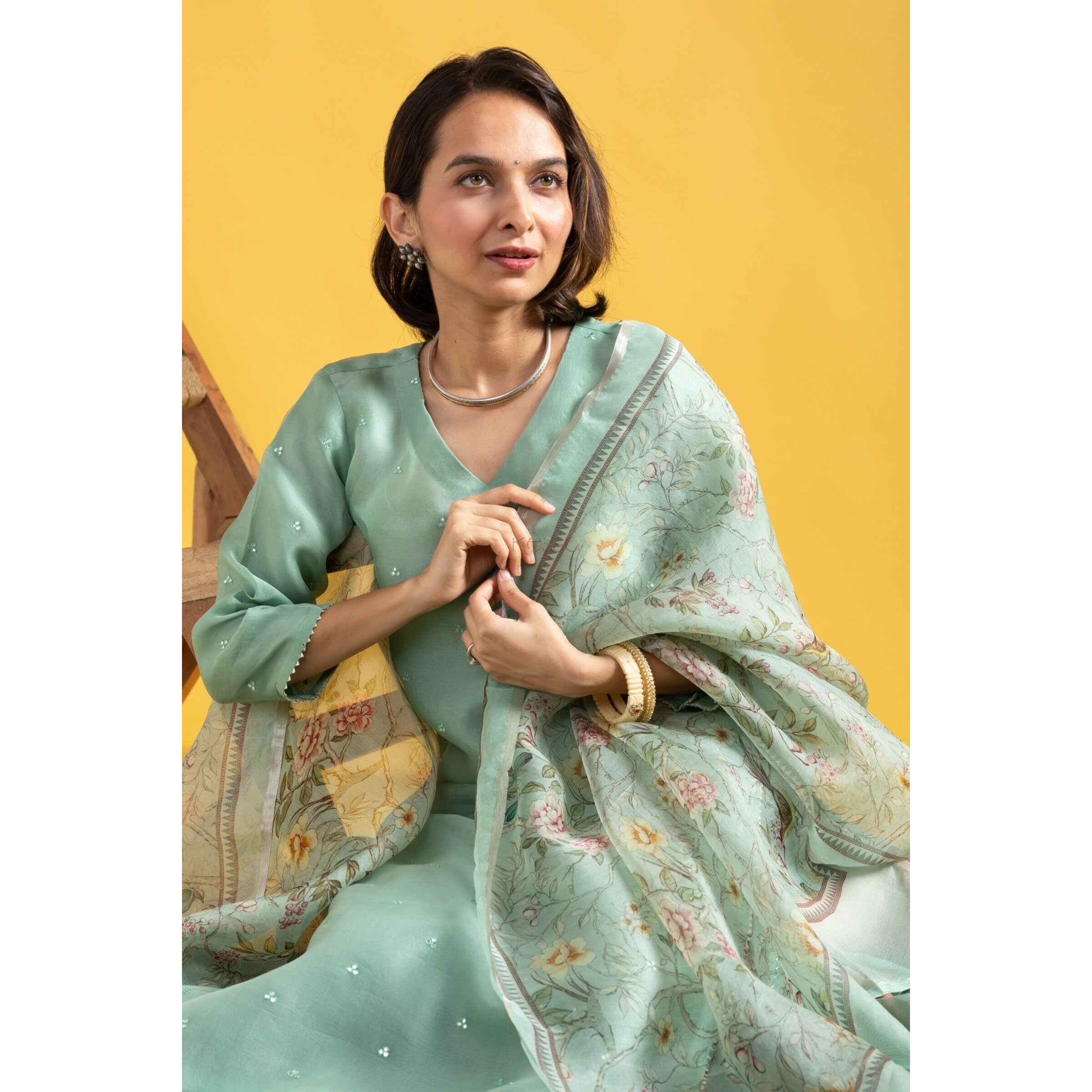 Navlik Women's Chanderi Viscose Embroidered A-Line Kurta Pant and Dupatta Sets (MV-624)