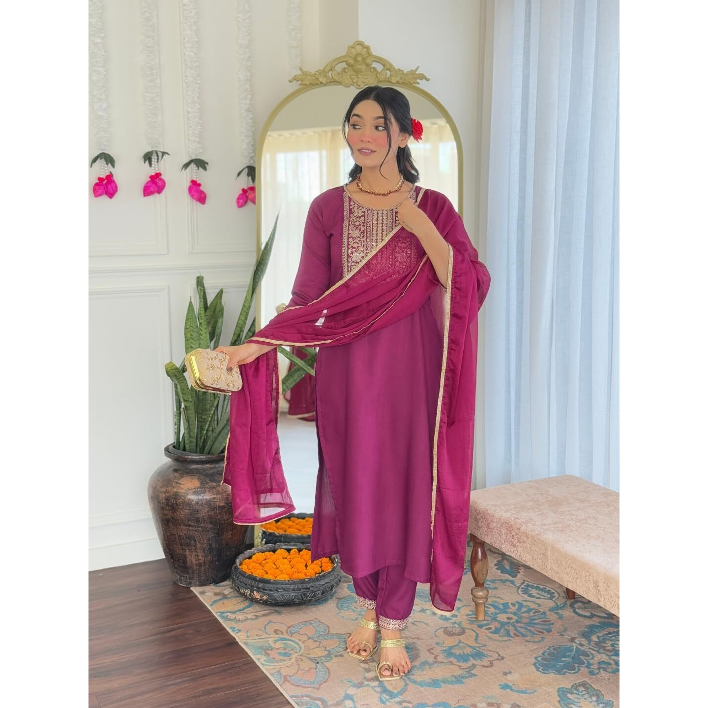 Navlik Women's Rayon Embroidered Straight Kurta with Rayon Pant And Chinon Dyed Dupatta Sets (MV-629)