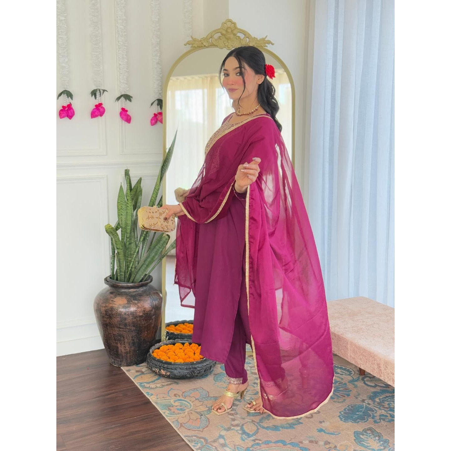 Navlik Women's Rayon Embroidered Straight Kurta with Rayon Pant And Chinon Dyed Dupatta Sets (MV-629)