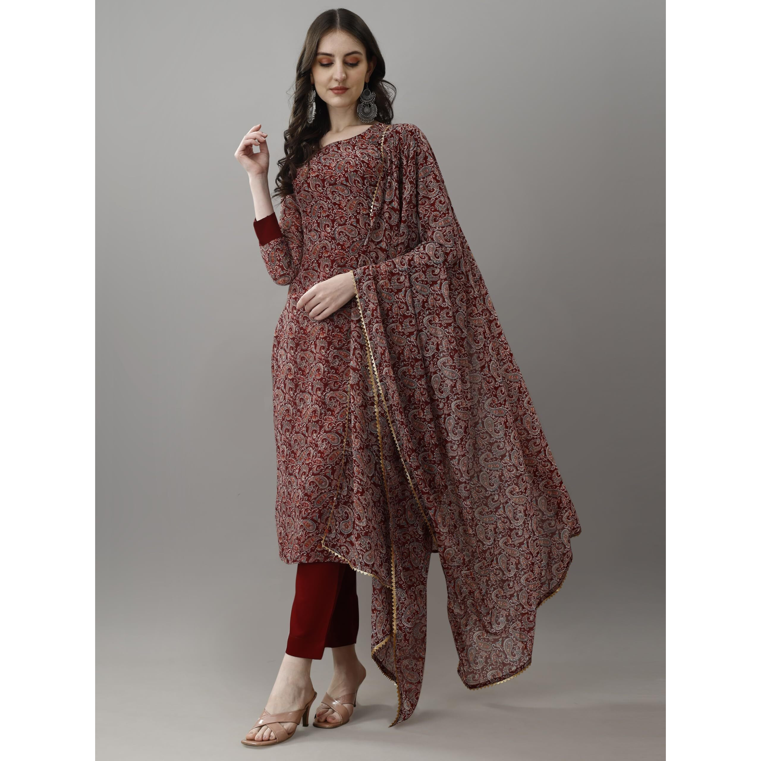Navlik Women's Georgette Printed Straight Kurta Pant and Dupatta Sets (MV-630)