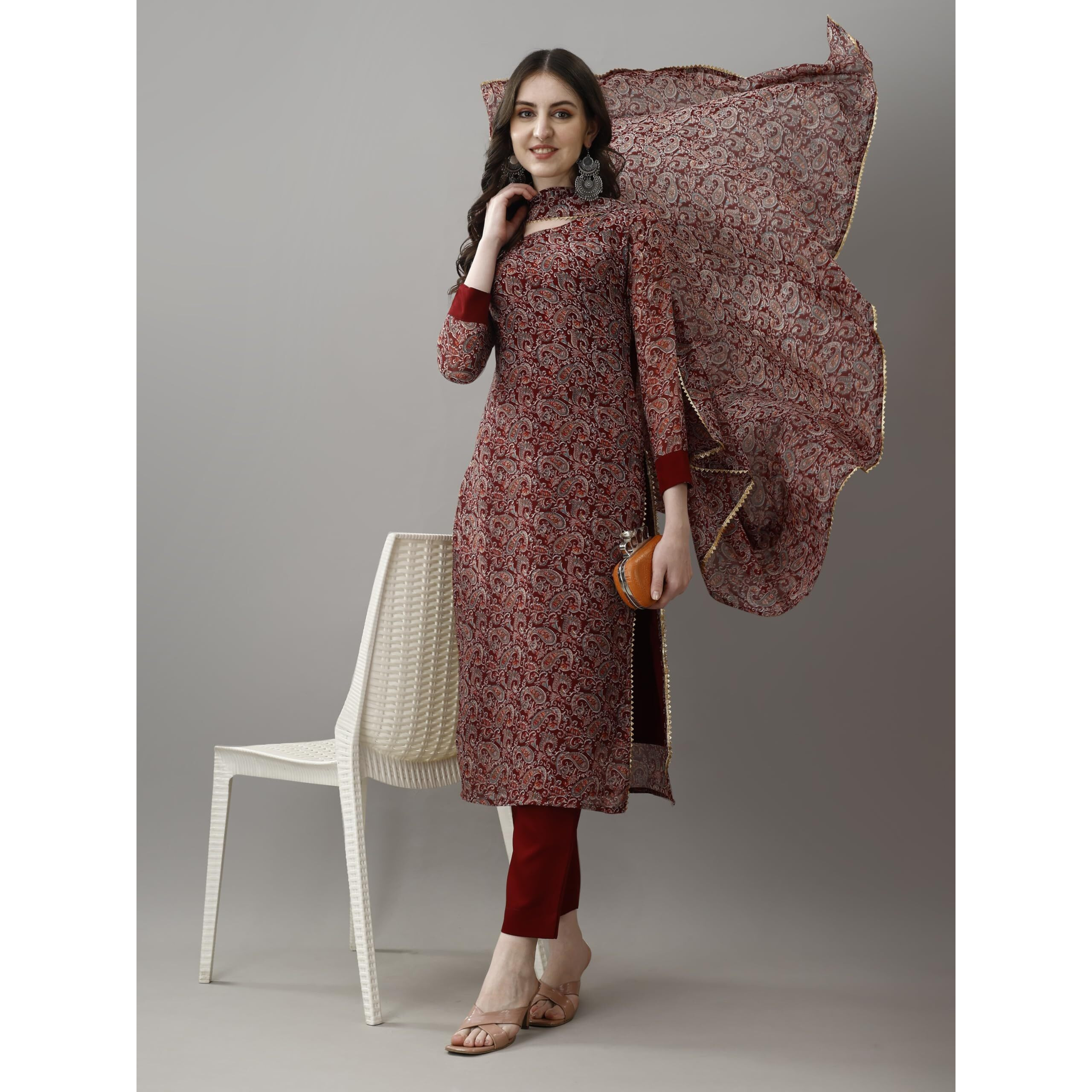 Navlik Women's Georgette Printed Straight Kurta Pant and Dupatta Sets (MV-630)