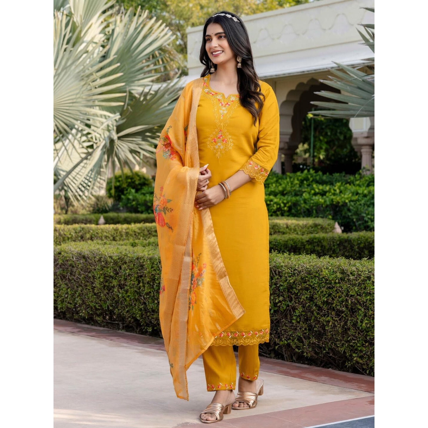 Navlik Women's Roman Silk Embroidered Straight Kurta with Pant and Dupatta Sets (M-Yashvi)