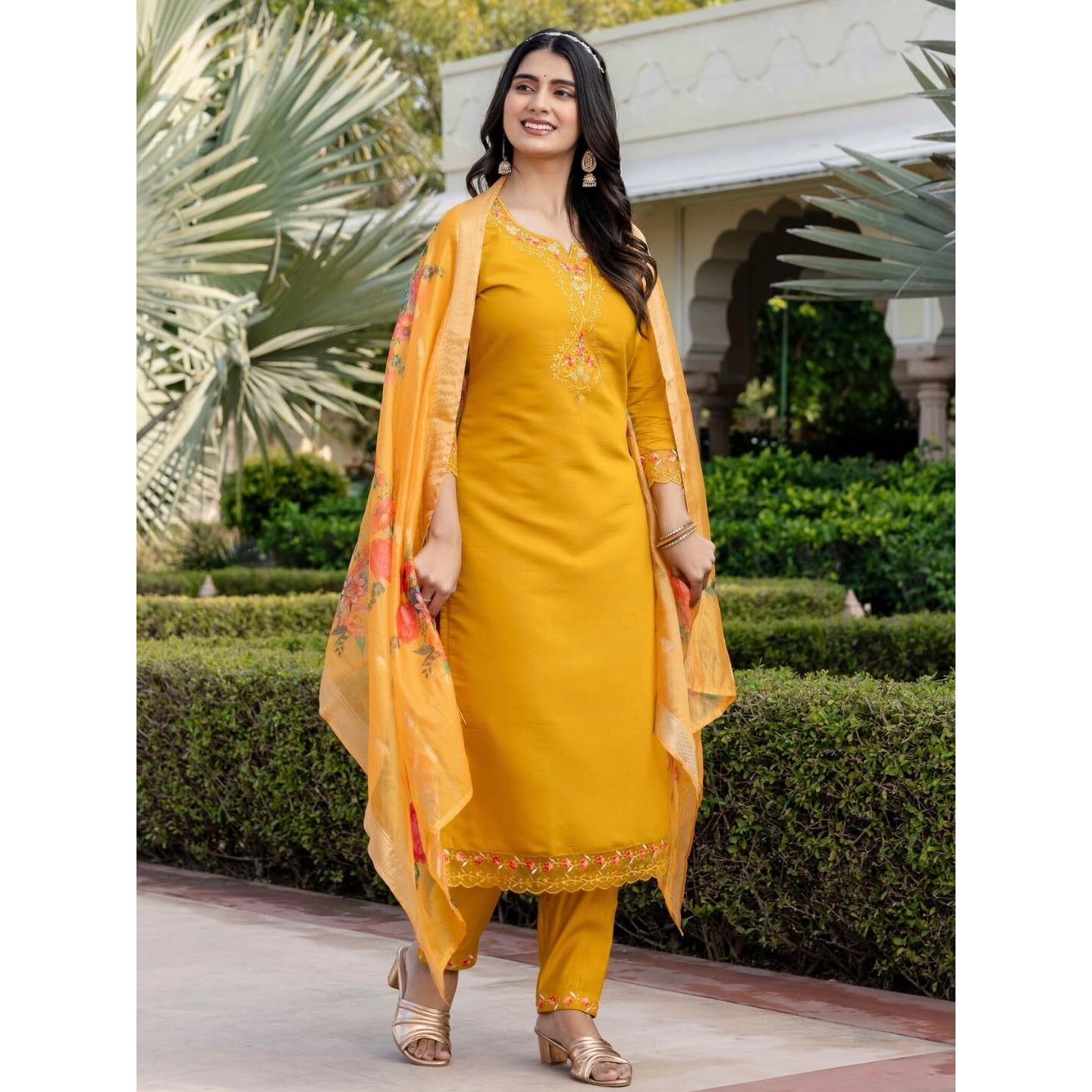 Navlik Women's Roman Silk Embroidered Straight Kurta with Pant and Dupatta Sets (M-Yashvi)