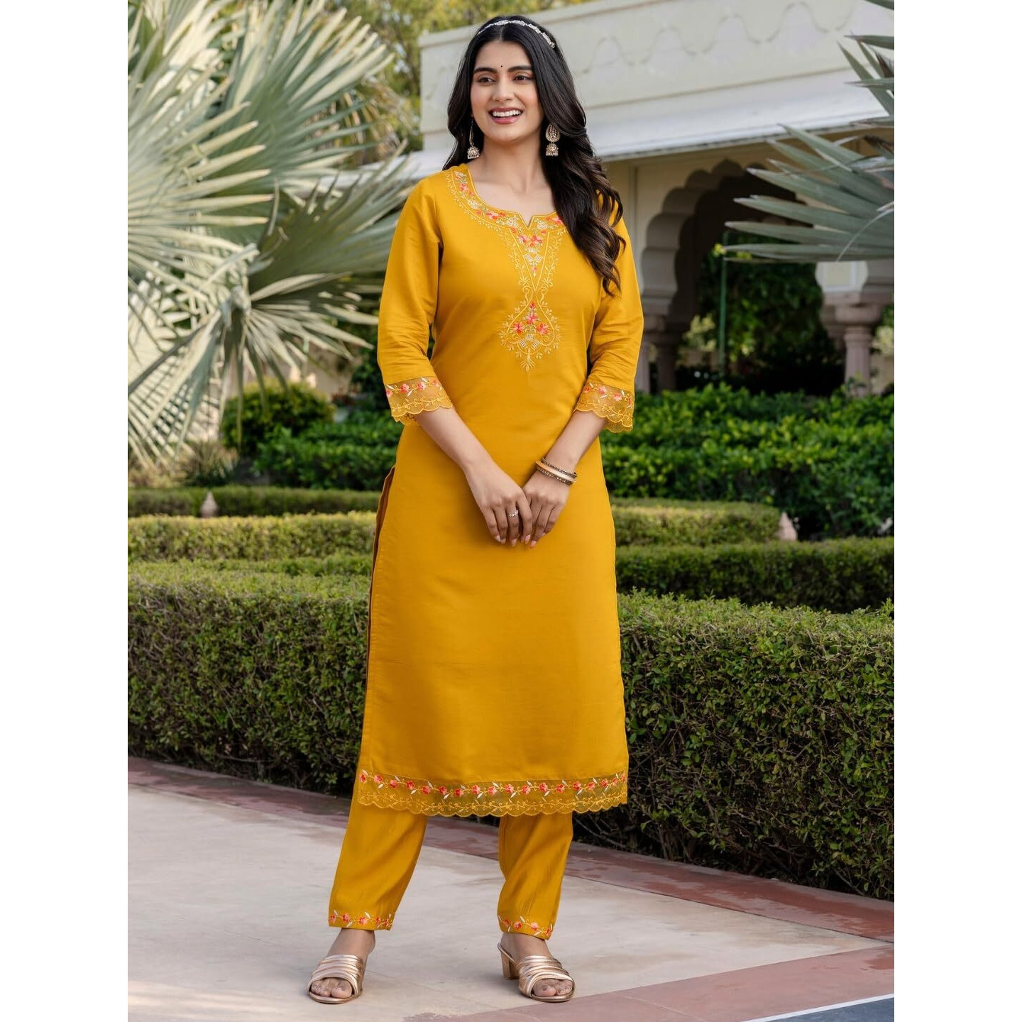 Navlik Women's Roman Silk Embroidered Straight Kurta with Pant and Dupatta Sets (M-Yashvi)
