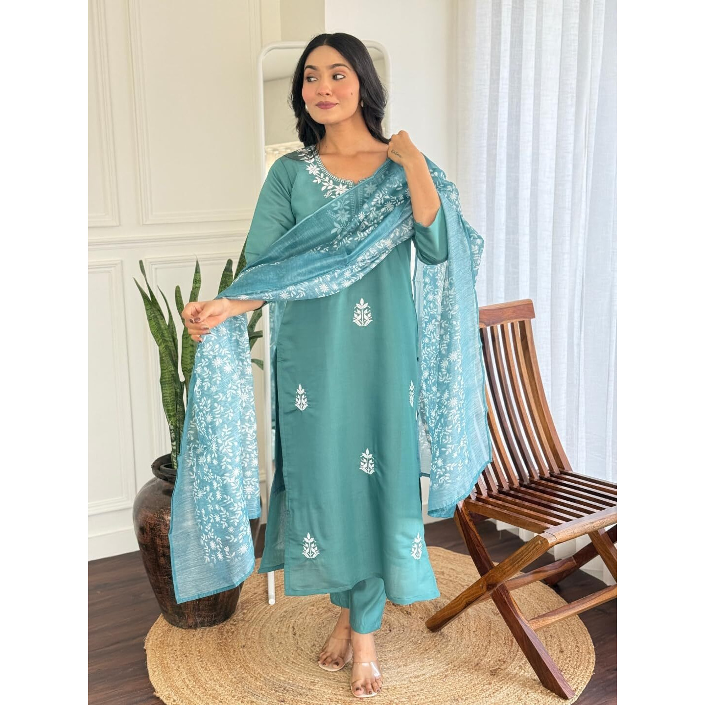 Navlik Women's Rayon Embroidered Straight Kurta with Pant and Dupatta Sets (OR-K100)